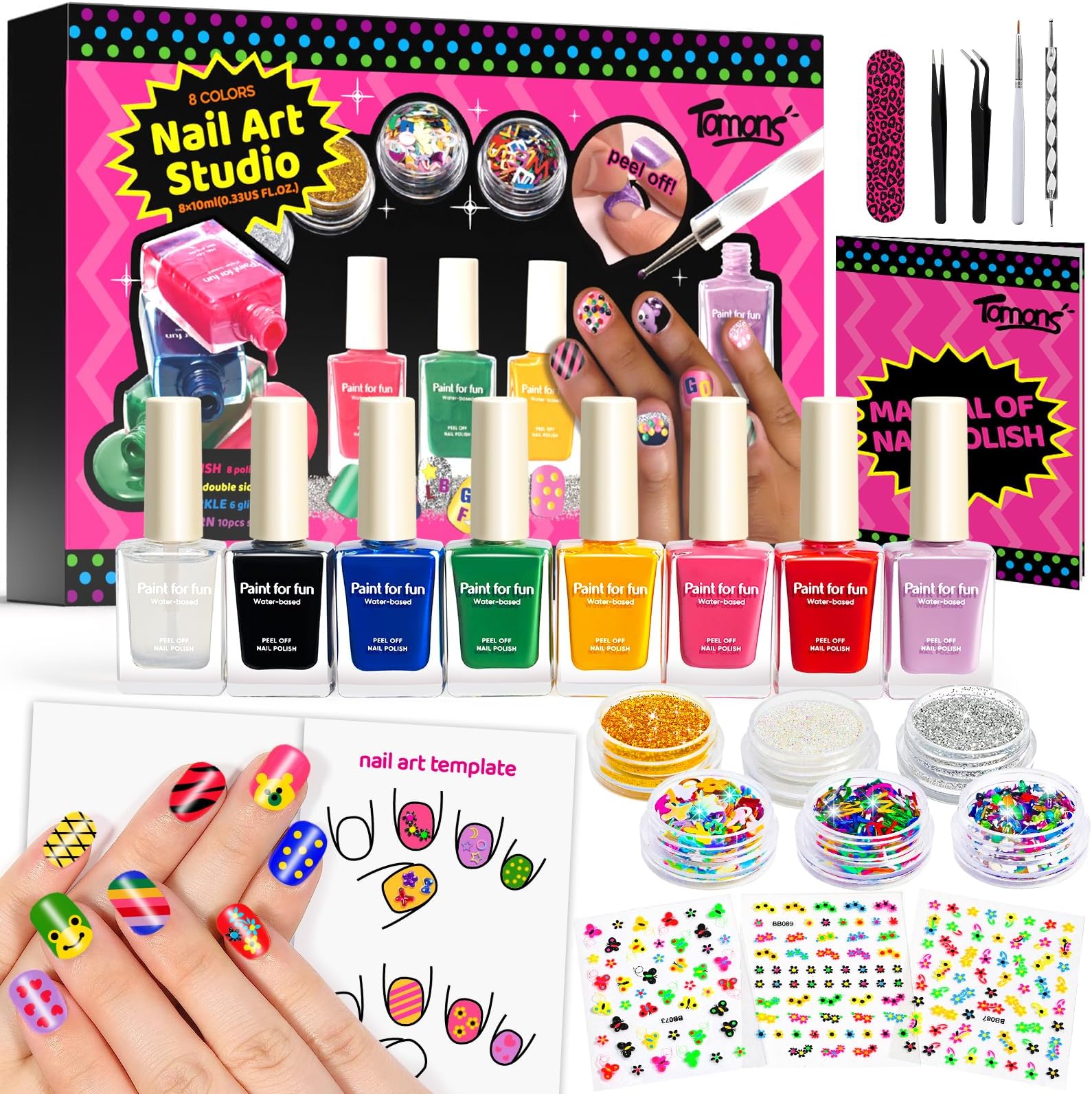 Tomons Nail Polish Set Non Toxic Kids Nail Polish Kit for Kids Ages 7-12, Birthday Gifts for 6 7 8 9 10 11 12 Year Girl, Glitter, Sequins, Stickers, Nail Art Kit Tools- 8 Colors