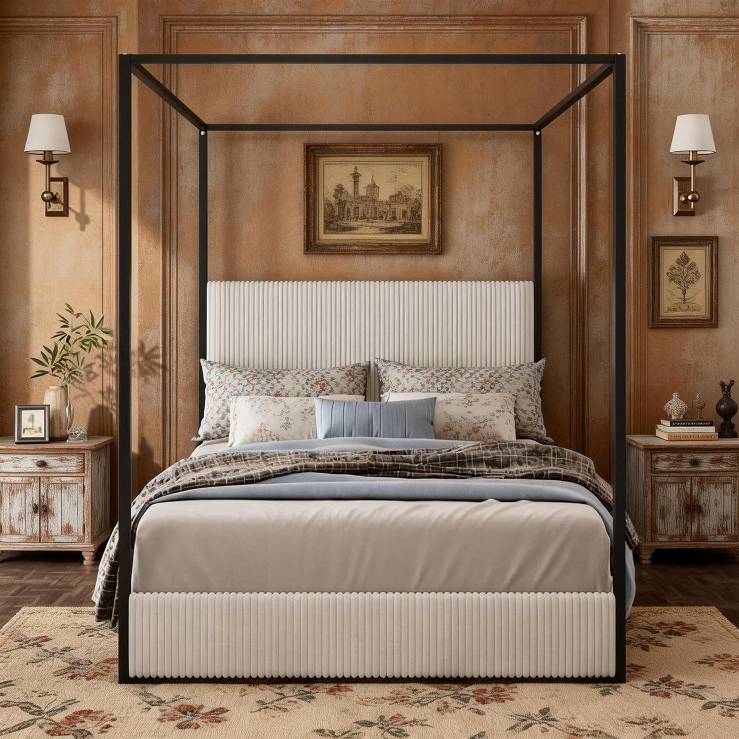 King Size Canopy Bed with Tall Upholstered Channel Headboard, Metal 4 Poster Upholstered Bed, No Box Spring Needed (Black+Cream, King//)