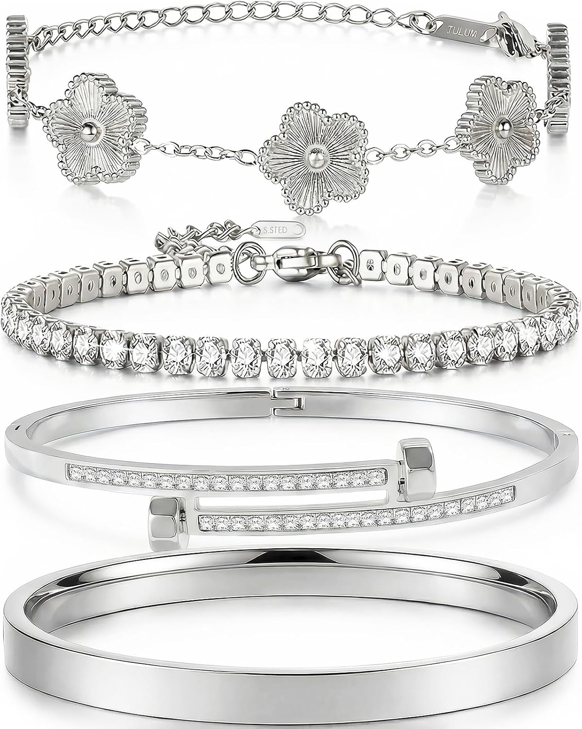 Camhanno Silver Bracelets for Women-4Pcs 18K Gold Plated Love Bangle Tennis Clover Nail Bracelets Stack Set for Women Trendy Non Tarnish Stainless Steel Gold Bangles Accessories Designer Jewelry
