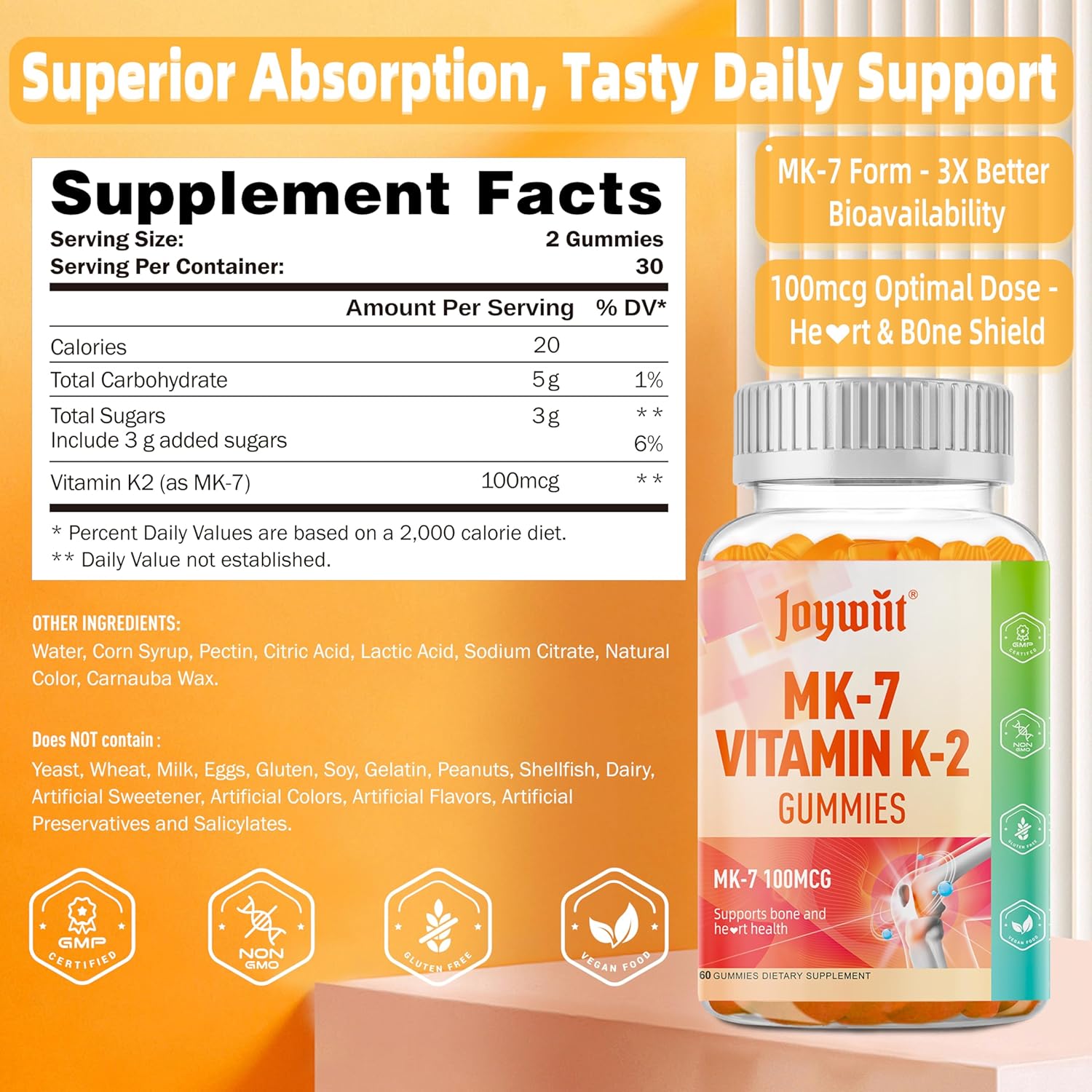 Vitamin K2 MK-7 Gummies 100mcg, Extra Strength K2 Vitamin Supplement for Bone & He-Art Support, Chewable Natural Orange Flavor, Non GMO, Vegan, 60 Gummies