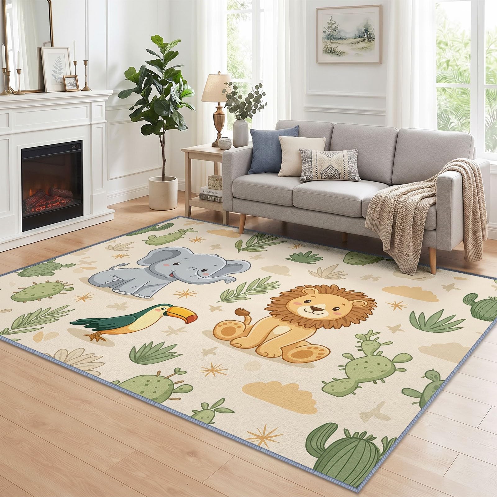 Tapis Salon Désert Animal Éléphant Lion 140 x 200 cm, Doux Tapis de Chambre Dessin Animé Lavable en Machine Imprimées Antidérapant pour Manger Intérieur Bureau Chambre Cuisine