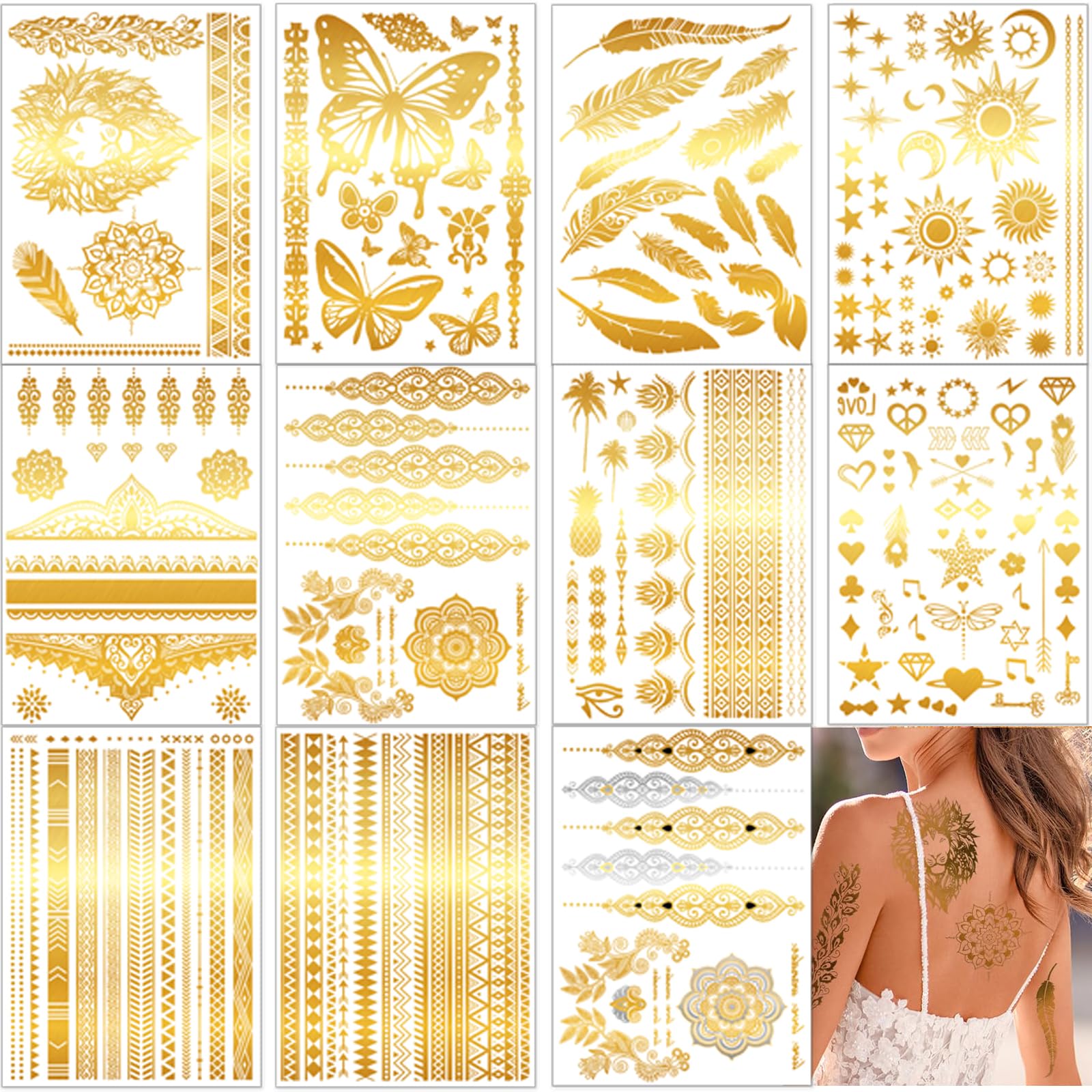 Sugeru®6 Tatuajes Temporales Metálicos Brillantes (48+ diseños),Tatuajes Temporales Adultos,Festival Accesorios,Tatuajes Boda,Etiqueta Engomada del Tatuaje Temporal Adulto del Cordón del Oro (11pcs)