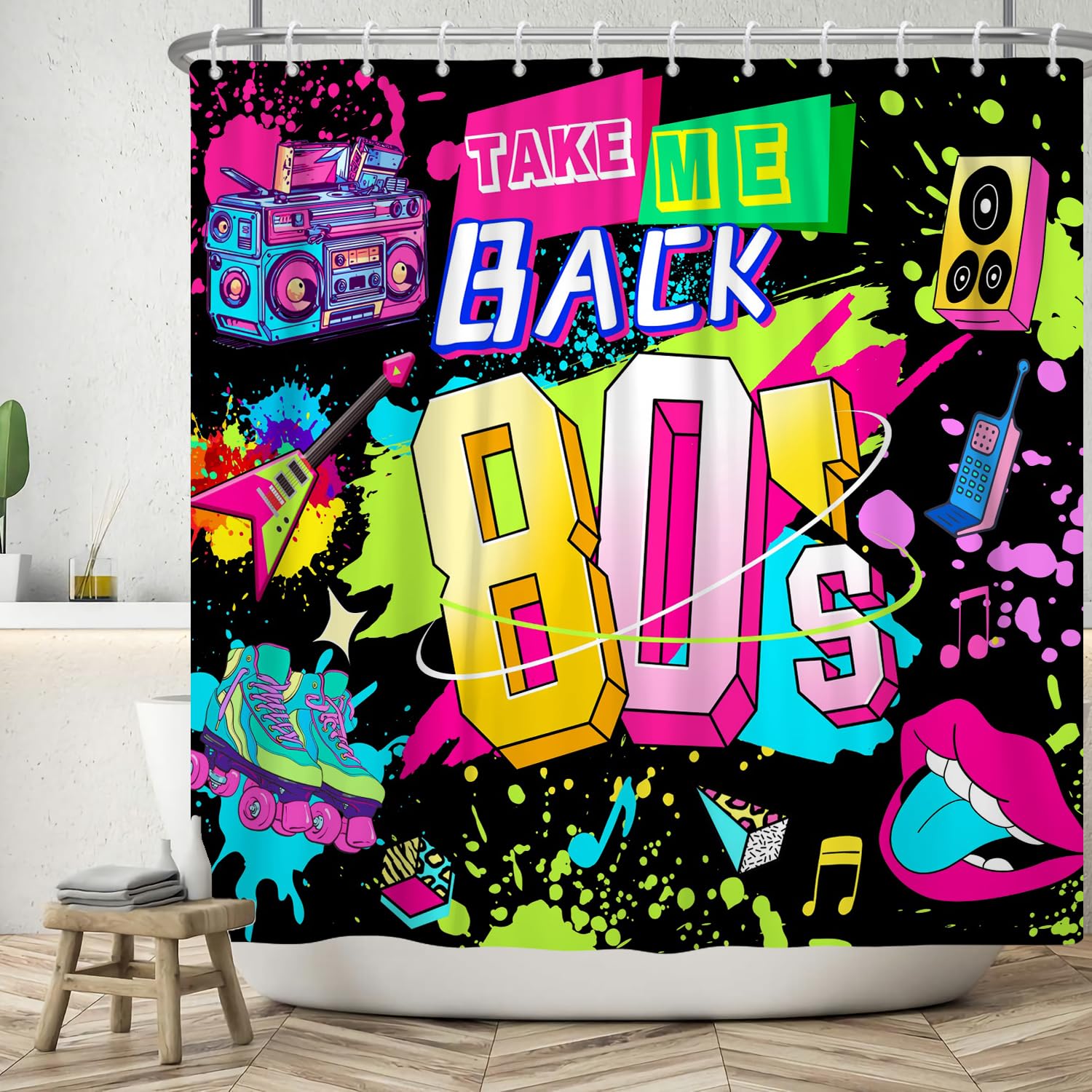 ASDCXZ Vintage Shower Curtain 180x220 cm, Retro Colorful Back to 80'S Party Black Skate Shoes Clay Bath Washable Shower Curtains Polyester Textile Waterproof Bath Curtain for Bathtub with 12 Hooks โ image 1