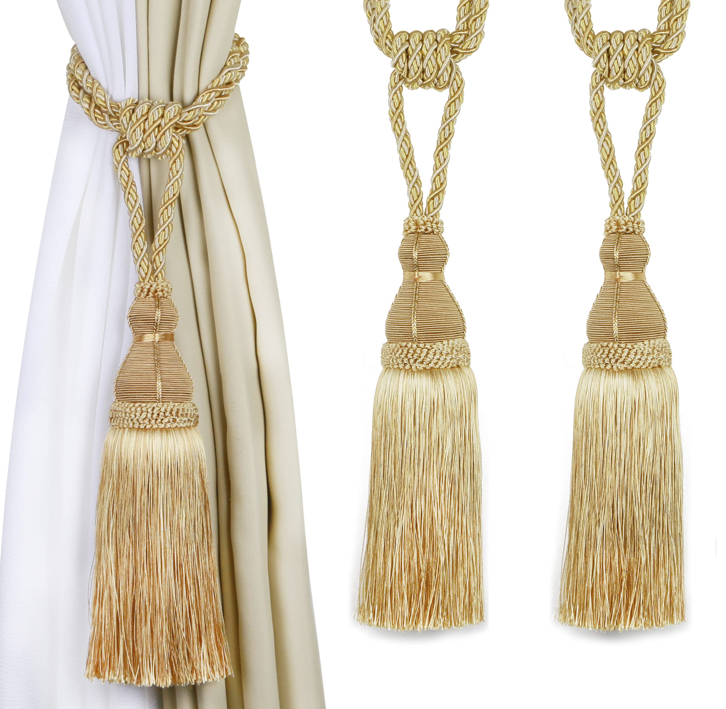 BEL AVENIR 2 Pack Tassel Curtain Tiebacks Holdback Large Handmade Drapery Tie-Backs Rope Home Office Hotel Elegant Decorative (Gold-2)