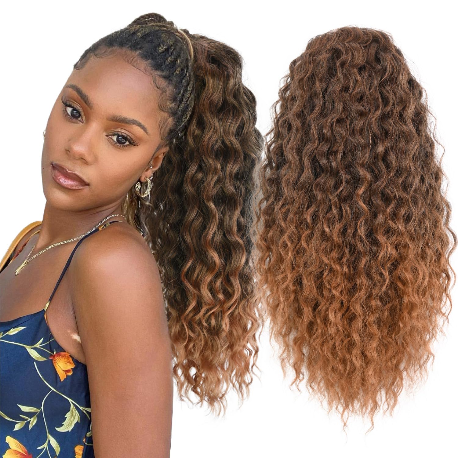 SOMOREATY Curly Ponytail Extension for Black Women 20 Inch Wavy Curly Drawstring Ponytail Clip in Hair Extensions Synthetic Hairpieces Pony Tails Hair