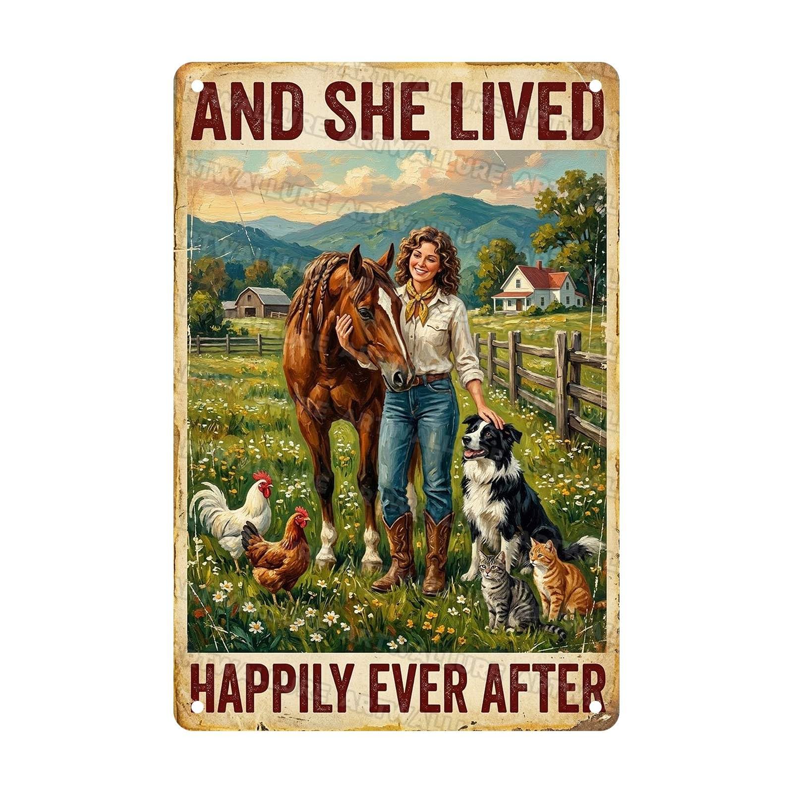 Vintage Tin Sign Wall Decor Heartwarming Farmhouse Art And She Lived Happily Ever After Animal Plaque Women Girls Farmers Living Room Bedroom Barn Farmhouse 8x12Inch