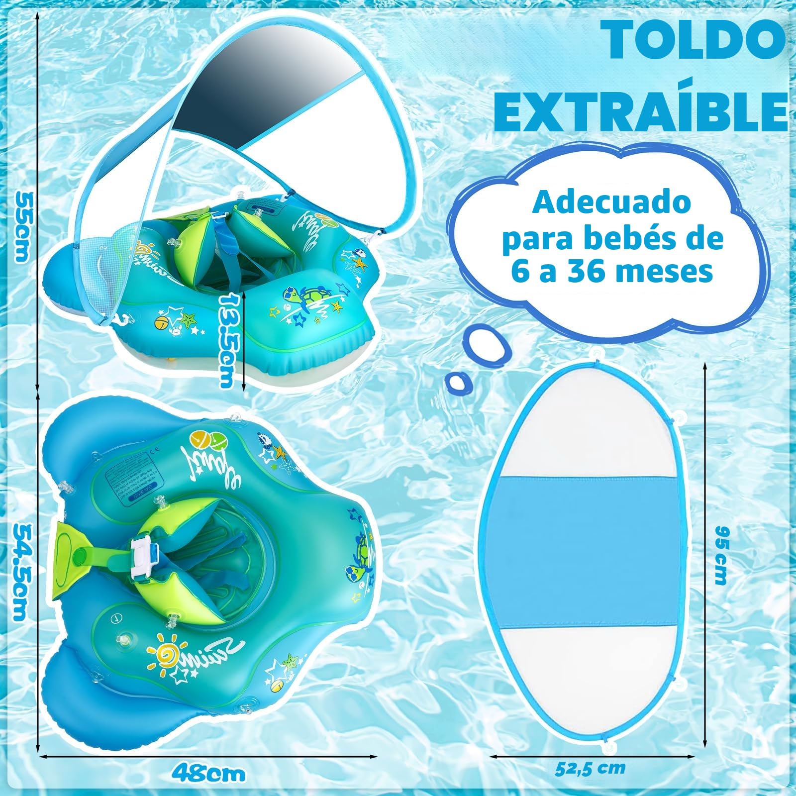 ZZXLOPEZ – Flotador Inflable Para Bebé Con Parasol UPF50+, Asiento Ajustable Para Niños De 6 A 36 Meses, Incluye Bomba Manual