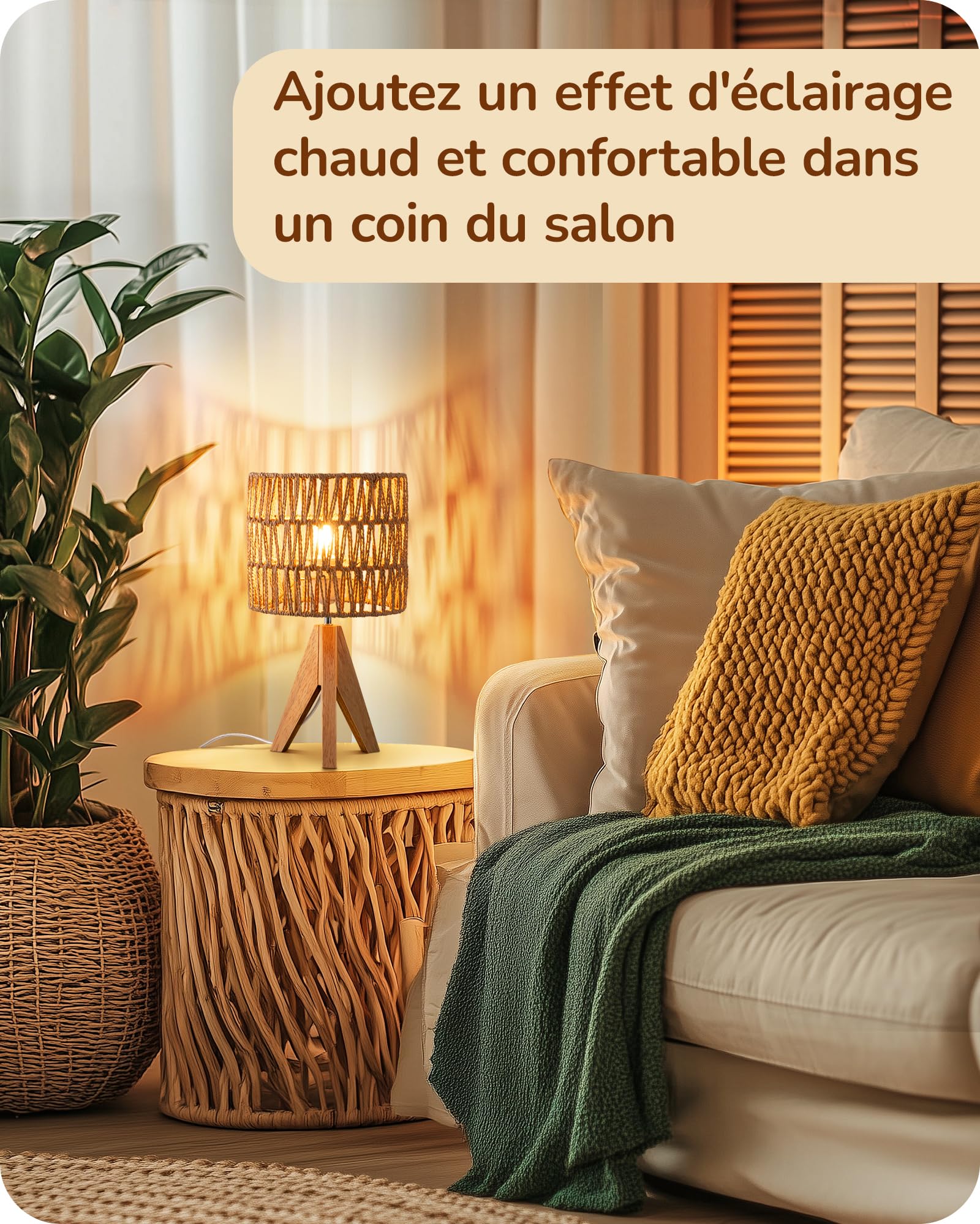EDISHINE Lampe de Chevet Trépied en Bois Massif, E27 Ampoule de 2700K 4W Incluse, Abat-jour en Corde Tissée à la Main, 20 x 20 x 36 cm, Lampe de Table Moderne pour Chambre, Salon, Hôtel