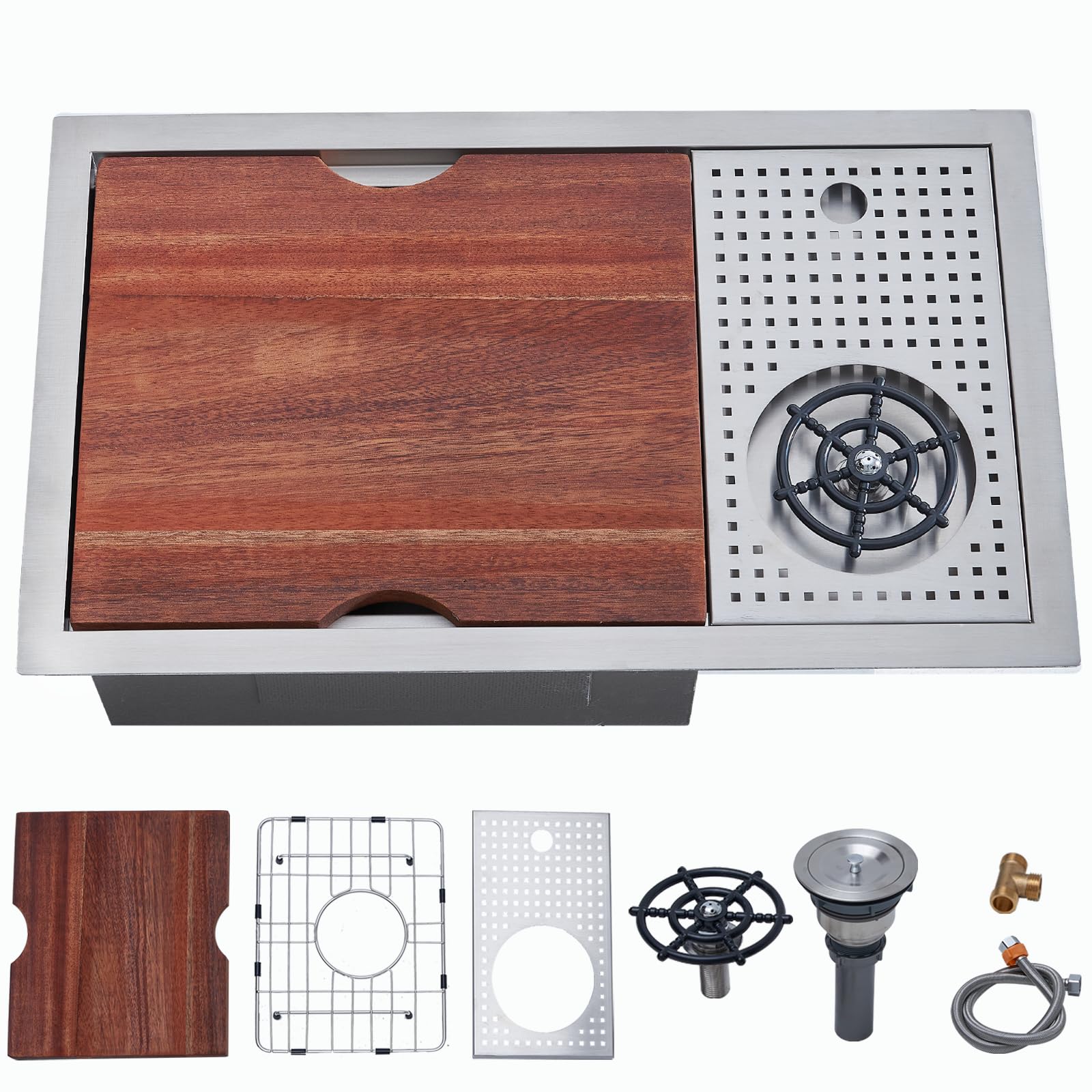VCCUCINE 23x14 Inch Undermount Kitchen Bar Sink with Glass Rinser,23 Inch RV Small Stainless Steel Workstation Sink,16 Gauge Single Bowl Outdoor Wet Bar Prep Sink with Cutting Board & Strainer