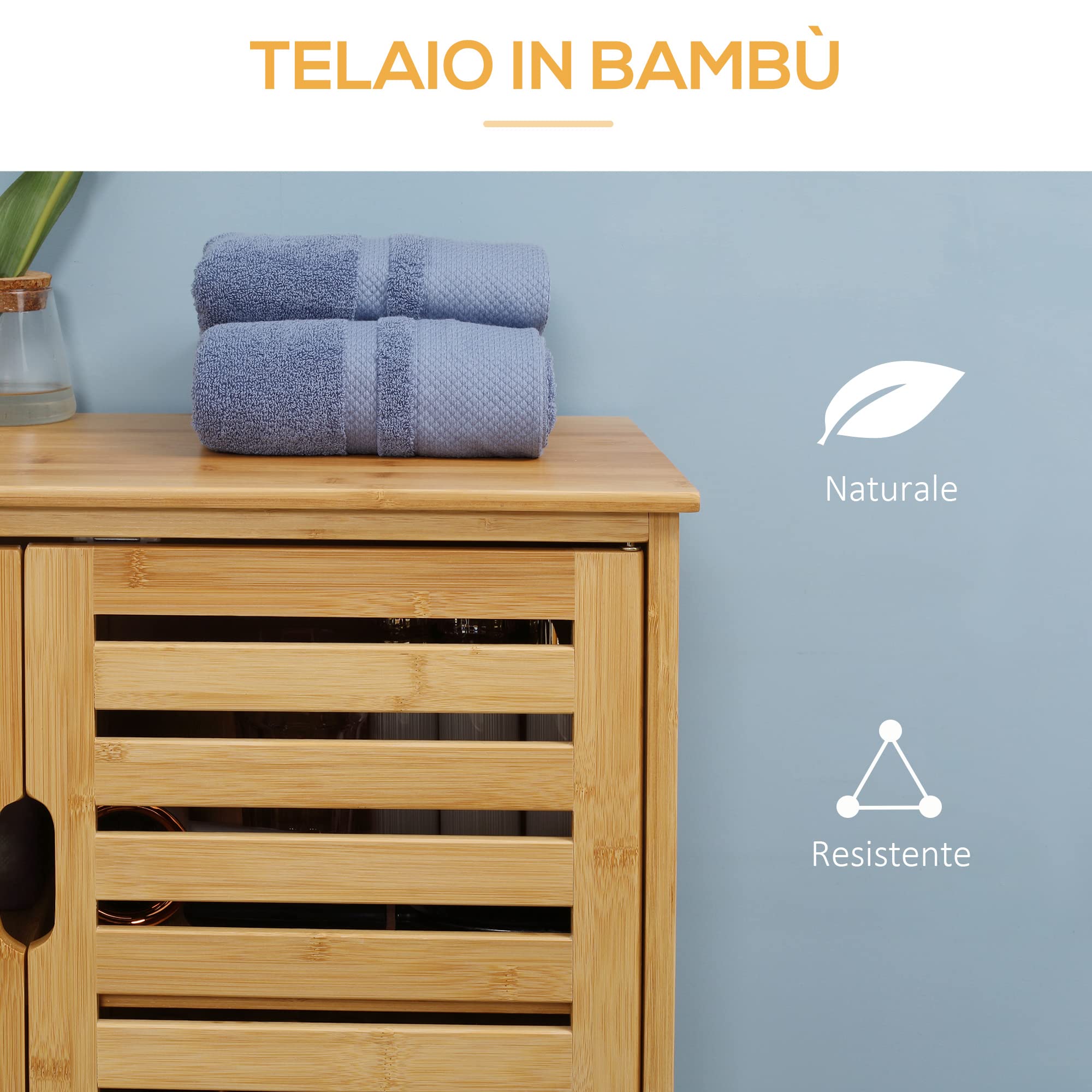 kleankin Mobile Bagno Moderno a 2 Ante, Armadietto da Bagno con 2 Ripiani Ventilati in Bambù, 68x32x86 cm, Color Legno