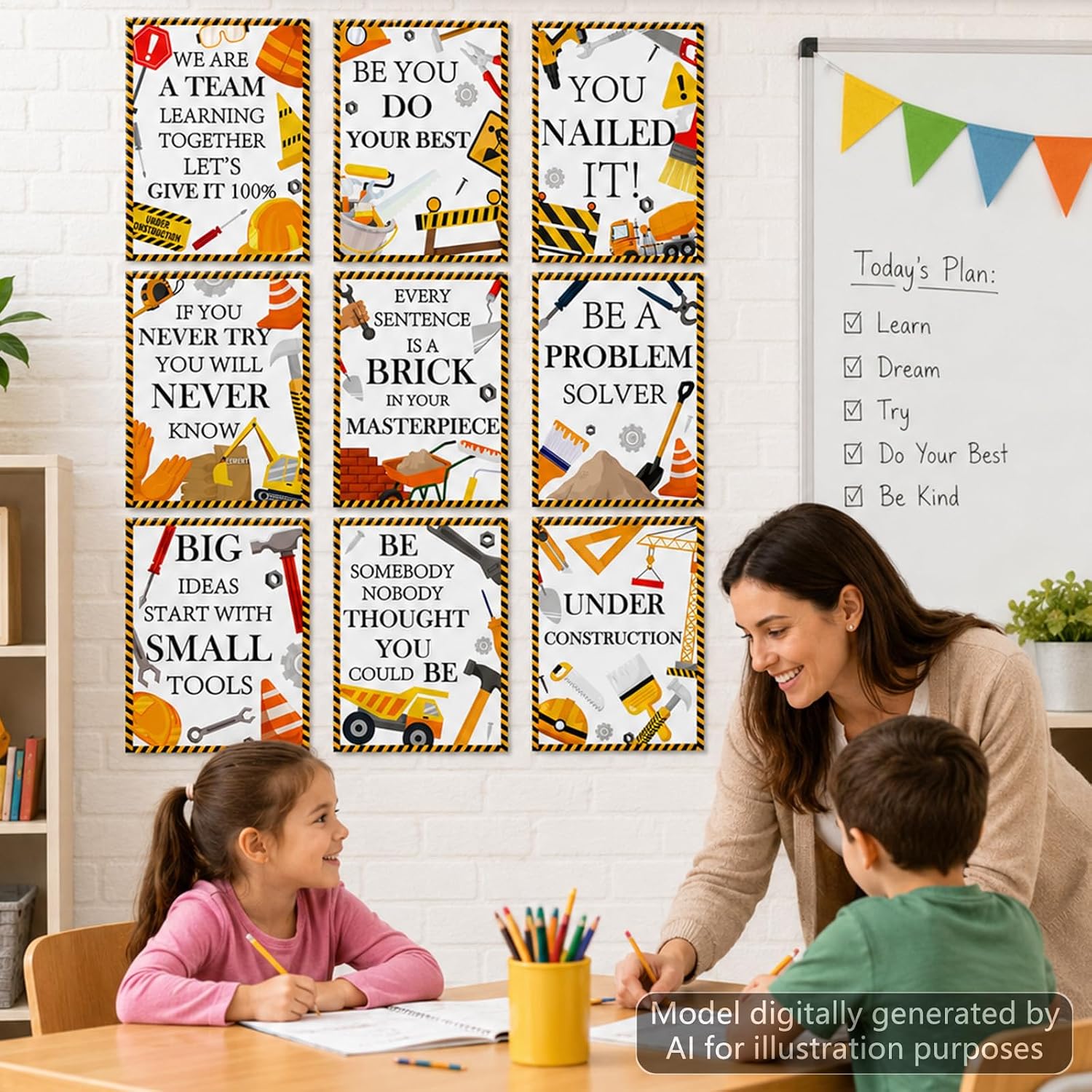 9Pcs Construction Motivational Posters Back to School Construction Inspirational Poster Decoration Transport Vehicle Tools Positive Phrases Poster for Classroom Library Playroom Living Room Wall Decor image 5