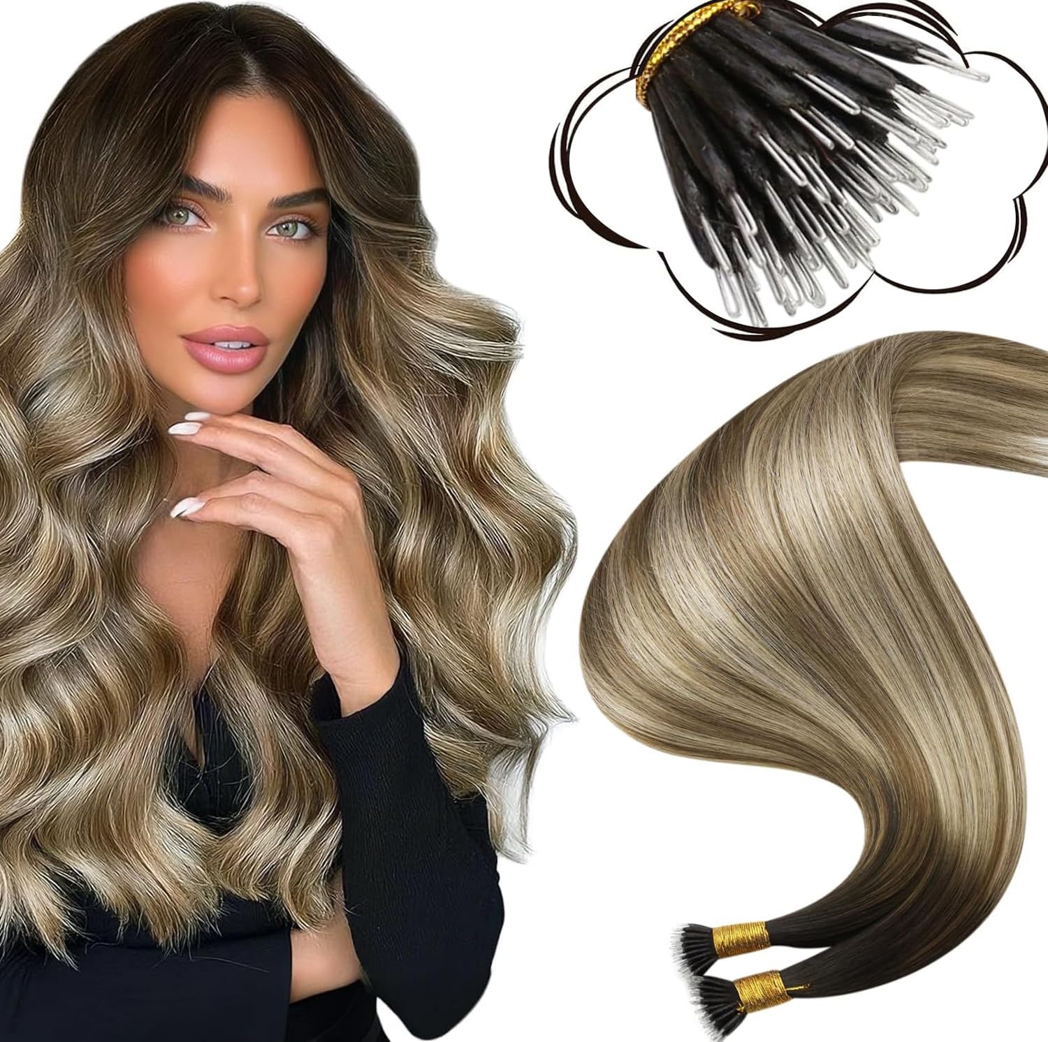 Moresoo Nano Hair Extensions Real Human Hair 16 Inch 50g/Pack Ash Blonde Highlight Nano Beads Hair Extensions Human Hair 1g/s Remy Straight Hair #P18/613 — view 26