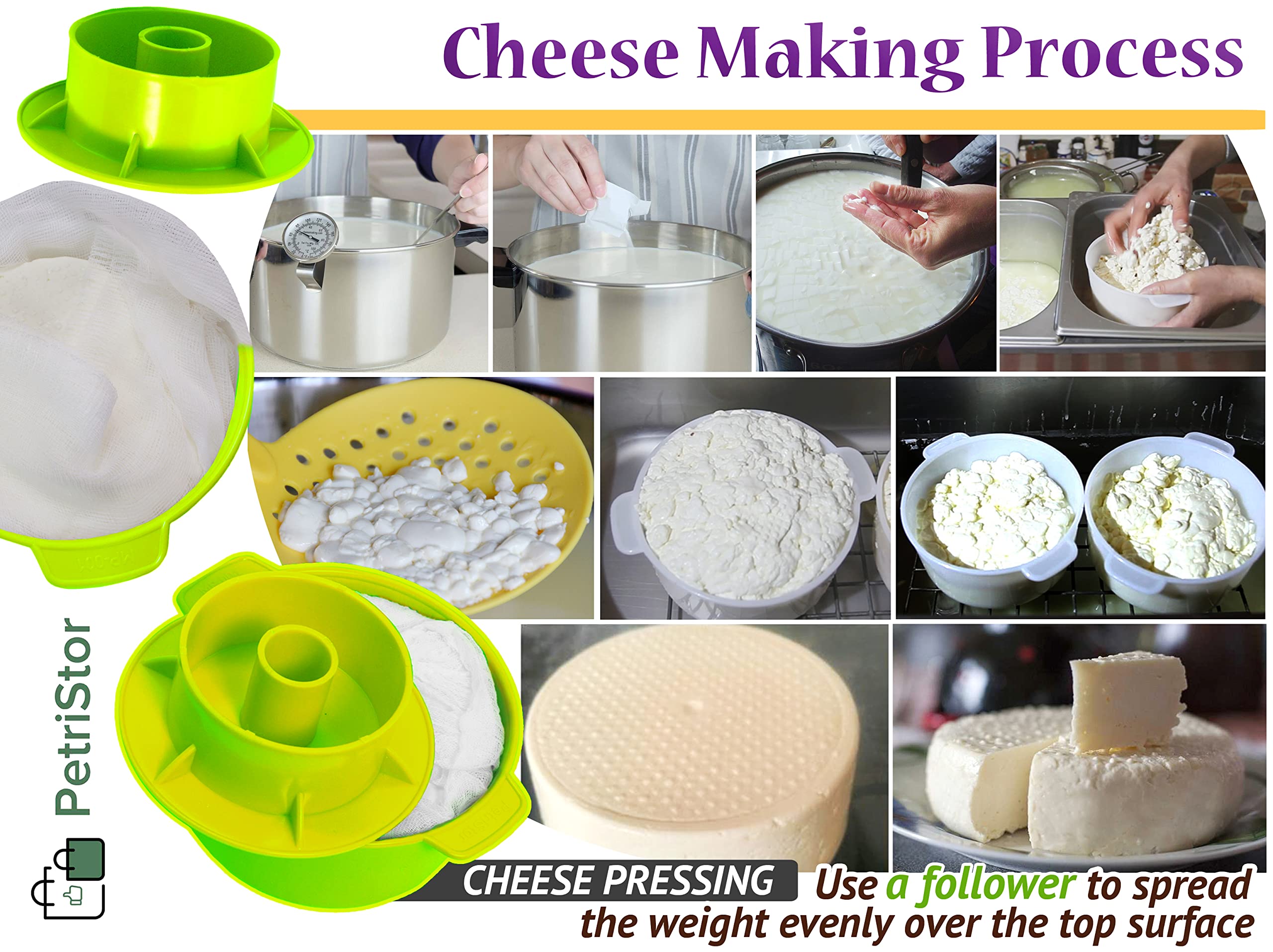 2 Stück Käseform für Käseherstellung Käse mit Kolben Farbe Grün – Käsezubehör – Käseform Form – Baumwolltuch zum Abseihen – Molde Para Queso Casero