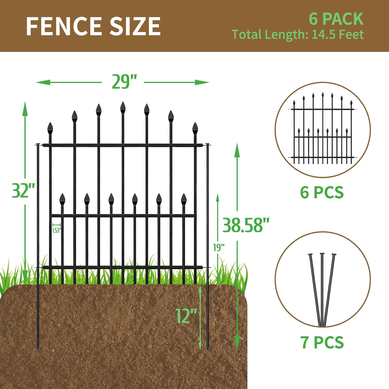 Decorative Garden Fence - 32in(H) x 14.5Ft(L) No Dig Heavy Duty Metal Rabbit Dog Fence Outdoor for Yard Rust-Proof Garden Fencing Animal Barrier Border for Patio Flower Bed (6 Panels + 7 Stakes)