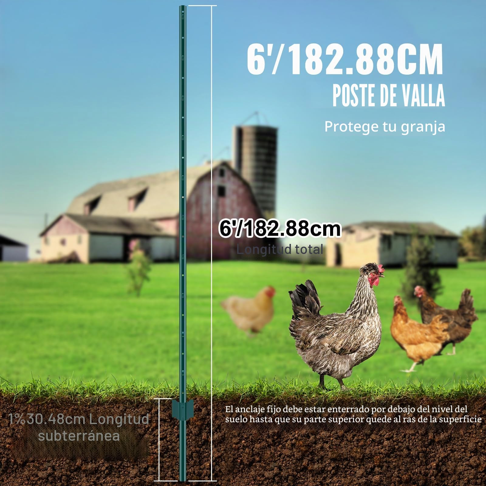 VEVOR Postes de Cerca de Metal 182,88 cm Postes de Cerca de Acero al Carbono Resistentes 10 Piezas Postes de Metal para jardín, Césped, Granjas, Cercas al Aire Libre, Huertos, Carreteras, Verde