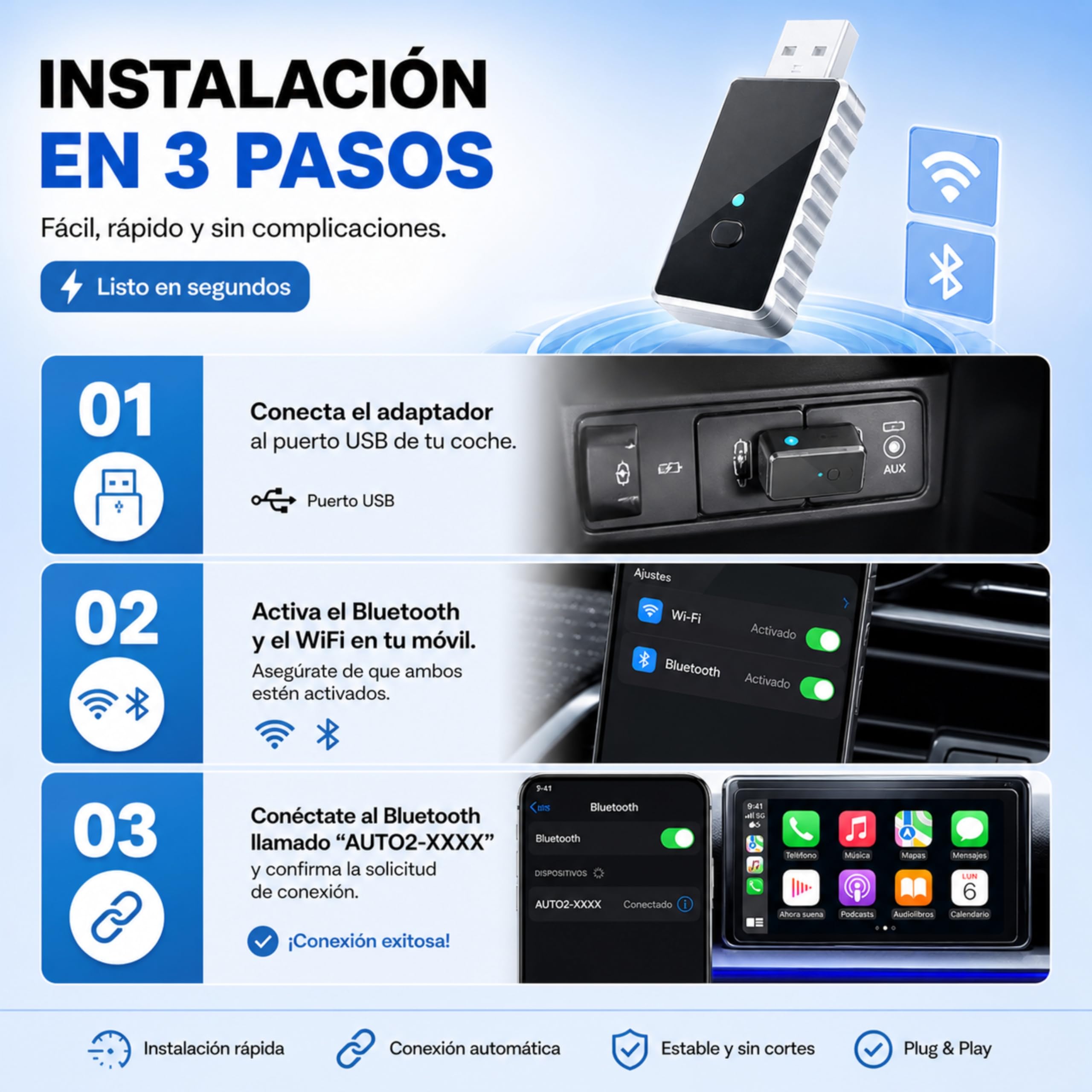 Adaptador CarPlay Inalámbrico 2 en 1. Android Auto inalámbrico USB compacto. Convierte carplay por cable en conexión sin cables rápida y estable Conexión automática en 5s Plug & Play (USB Tipo A PRO)
