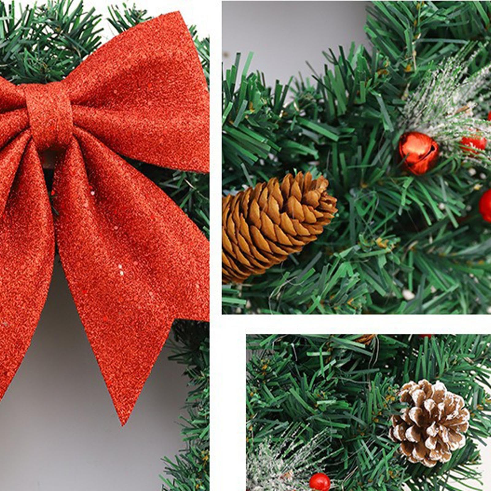Couronne de Noël artificielle pré-éclairée avec nœud papillon rouge - Couronne d'hiver lumineuse - Couronne de porte de Noël de 50 cm - Fournitures de fête pour porte, mur, cheminée, décoration de