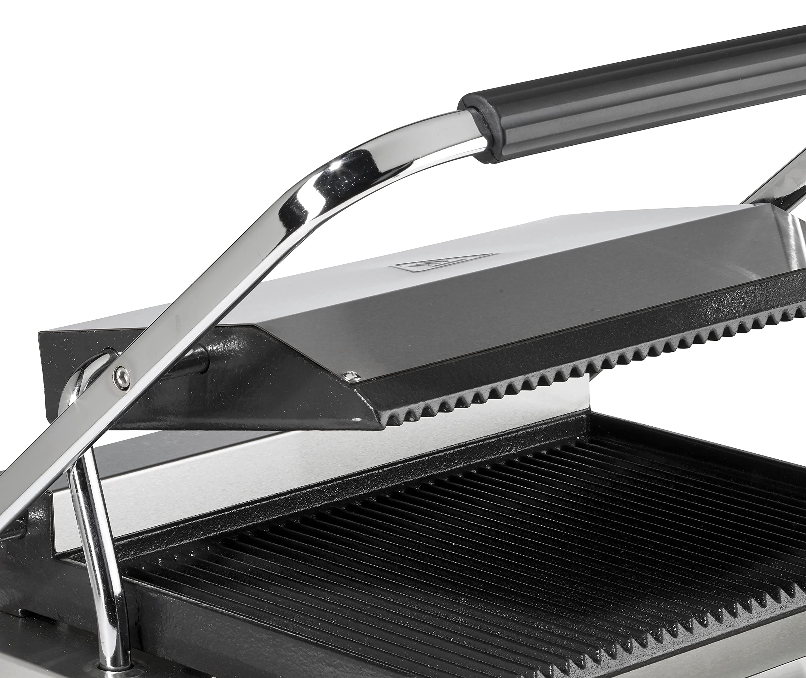 METRO Professional Kontaktgrill SINGLE GPG1201, 3000 W, Rostfreier Stahl, geriffelte Grillfläche, Fettauffangschale, Antihaftbeschichtung, Tischgrill/Sandwichmaker/Panini, Toasts, Steak, silber