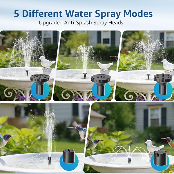 Solar Fountain Pump for Bird Bath, 2.5W Solar Water Pump with 3M Power Cord, Adjustable Ground Stake, 5 Spray Modes & 1.2M Hose, Dry-Run Protection Low Noise for Garden Small Pond Fish Tank - 4