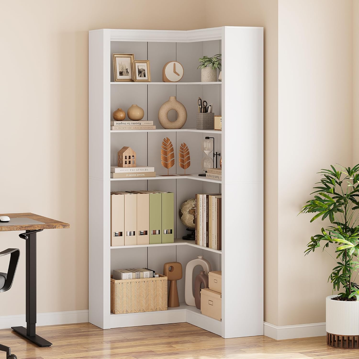 GarveeHome Corner Bookshelf, 71.8 in White Corner Bookcase, L-Shaped Bookshelf Large Bookcase, 5 Tier Display Shelf Heavy Duty Bookcases, Bookshelves with Storage