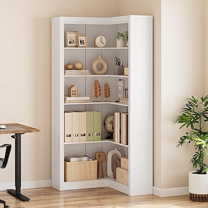 GarveeHome Corner Bookshelf, 71.8'' Farmhouse Corner Bookcase, L-Shaped Bookshelf Large Bookcase, 5 Tier Display Shelf Heavy Duty Bookcases, Bookshelves with Storage (White)