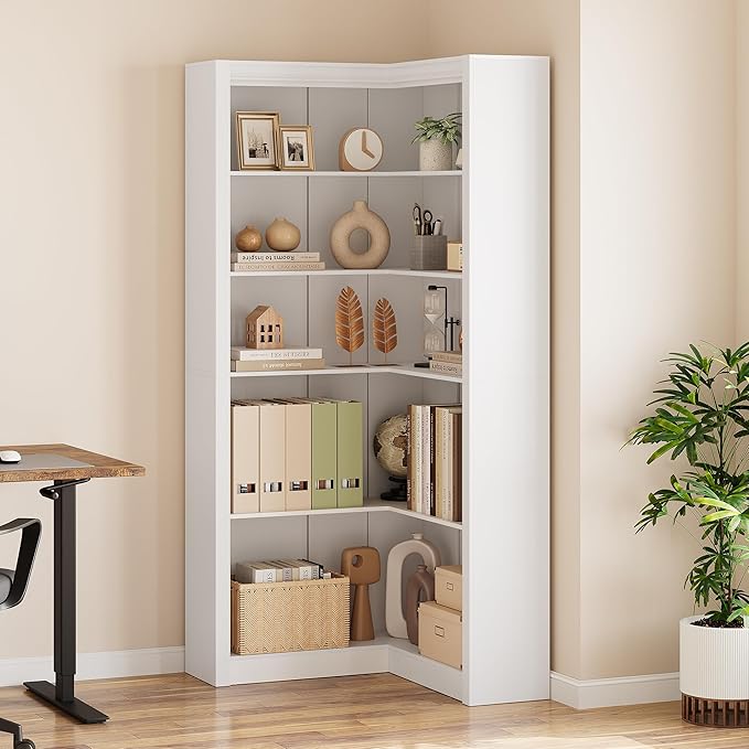 GarveeHome Corner Bookshelf, 71.8'' Farmhouse Corner Bookcase, L-Shaped Bookshelf Large Bookcase, 5 Tier Display Shelf Heavy Duty Bookcases, Bookshelves with Storage (White)