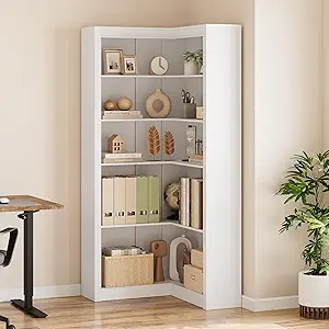 GarveeHome Corner Bookshelf, 71.8'' Farmhouse Corner Bookcase, L-Shaped Bookshelf Large Bookcase, 5 Tier Display Shelf Heavy Duty Bookcases, Bookshelves with Storage (White)