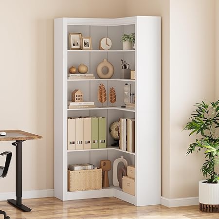 GarveeHome Corner Bookshelf, 71.8'' Farmhouse Corner Bookcase, L-Shaped Bookshelf Large Bookcase, 5 Tier Display Shelf Heavy Duty Bookcases, Bookshelves with Storage (White)