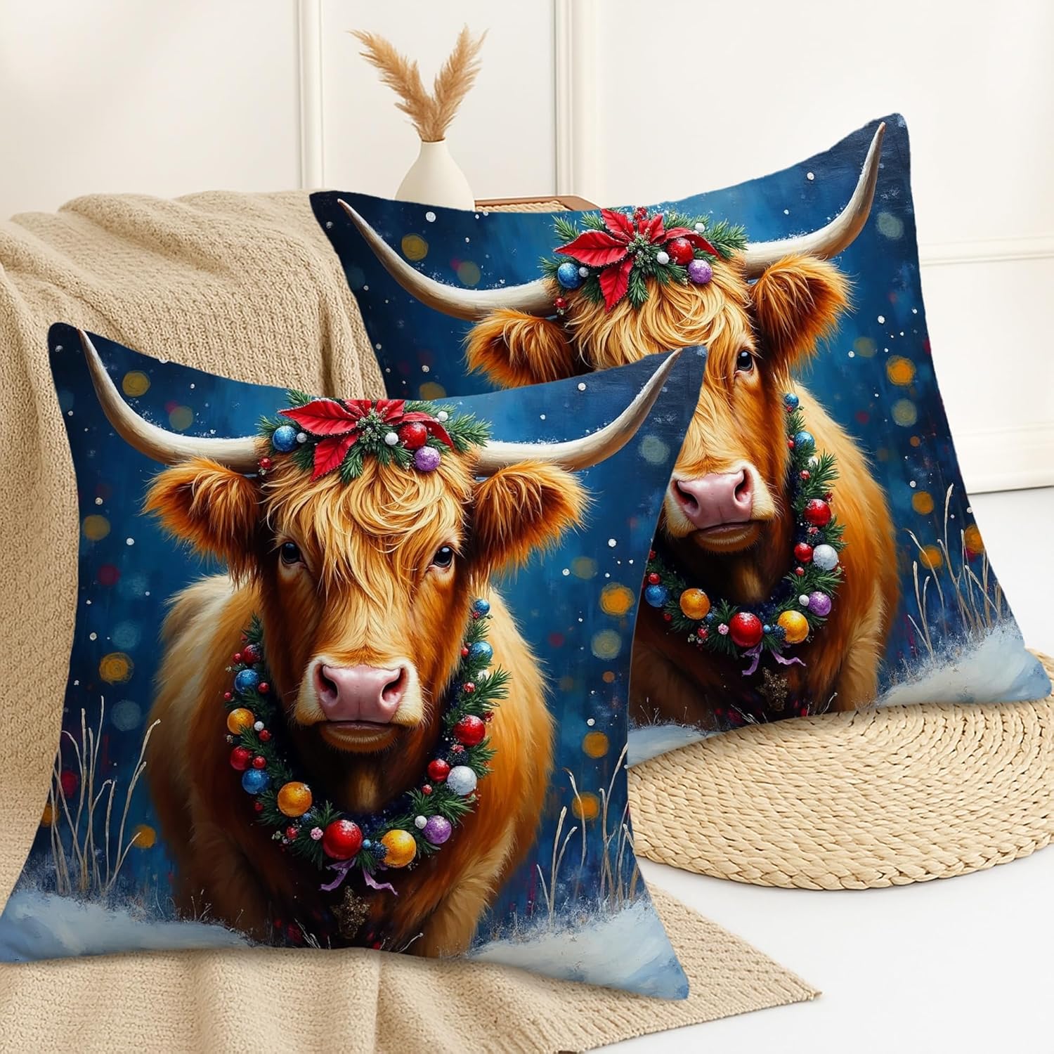 Christmas Throw Pillow Covers Set of 2, Highland Cow with Holiday Wreaths Decorative Cushion Covers, Winter Rustic Farmhouse Decor for Sofa Couch 28x28 Inch