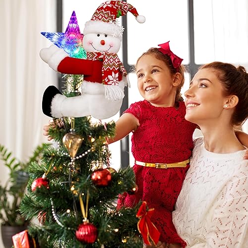 Miniatura 6 de Adorno para la Copa del Árbol de Muñeco de Nieve y Estrella con Luces, Decoraciones Navideñas, Único y Divertido Gorro de Copo de Nieve de Peluche