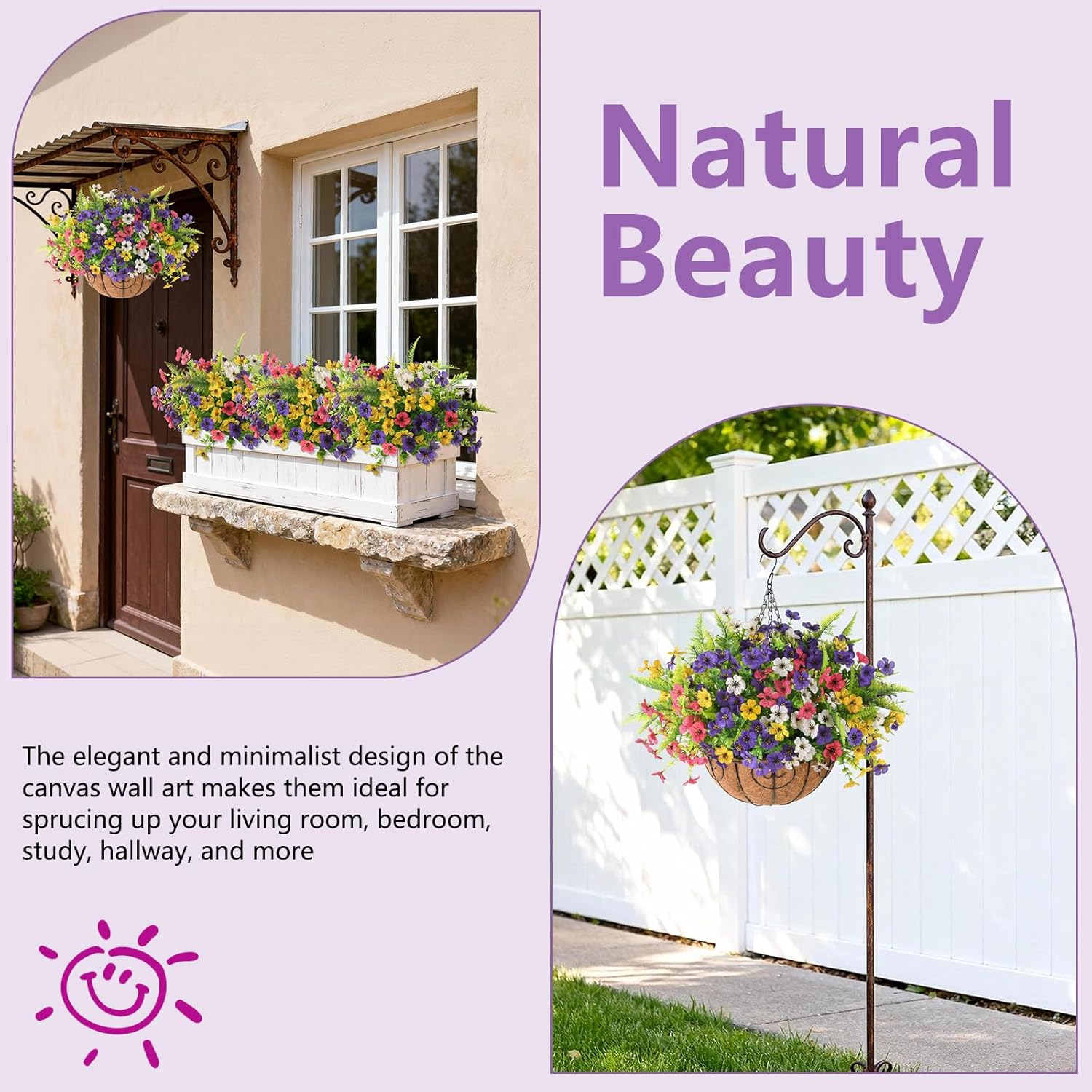 Artificial Flowers Hanging Baskets, Multicolor 12 Bundles Faux Flower with Ferns Outdoor Hanging Basket Spring Summer Decoration, Fake Flowers Plants for Porch Patio Balcony Home Yard Decor - Image 2