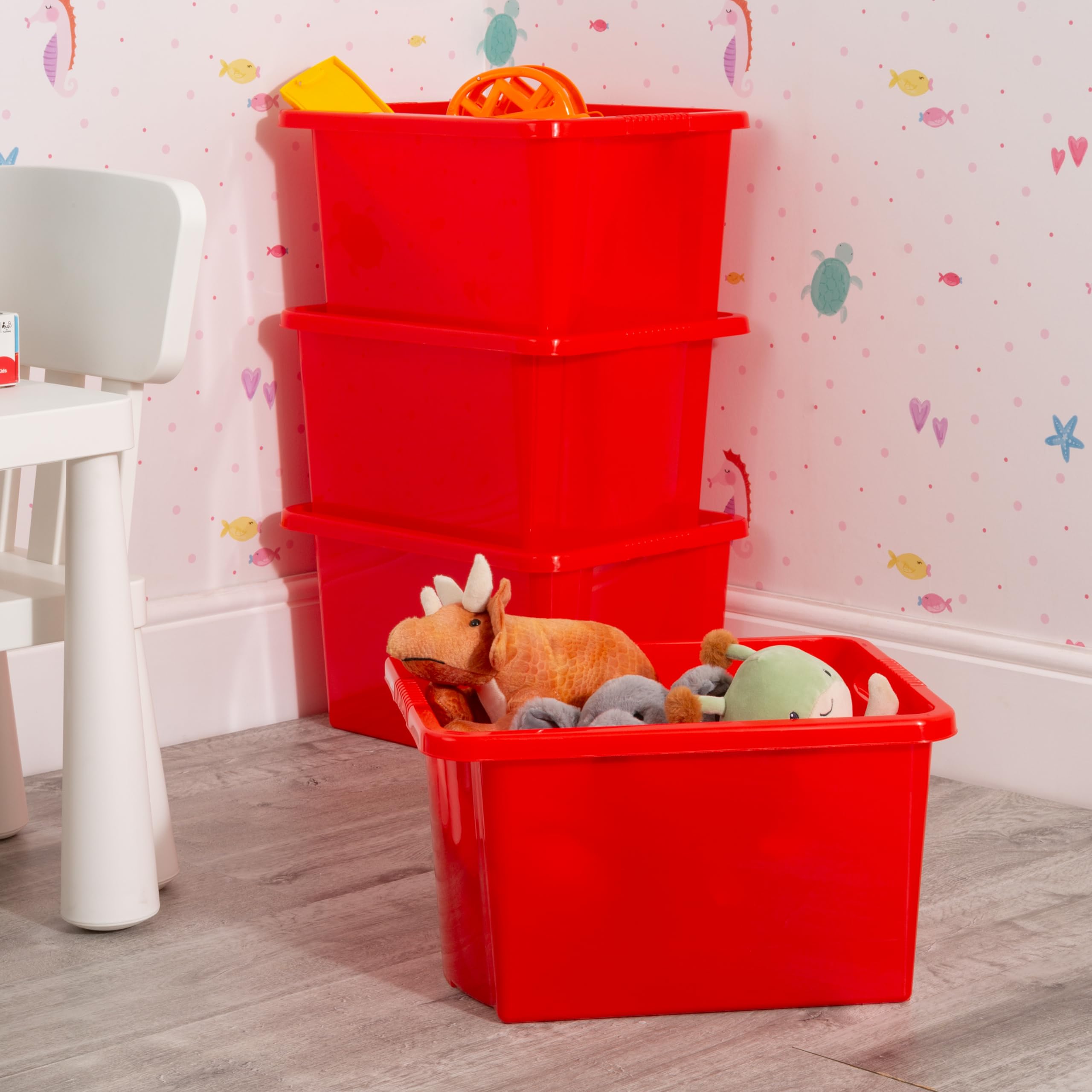 Wham Red Stack & Store 4 X 30L Plastic Storage Boxes | Ideal For Toys, Classrooms & Playrooms | Stackable & Nestable | Integrated Handles | Made In Uk