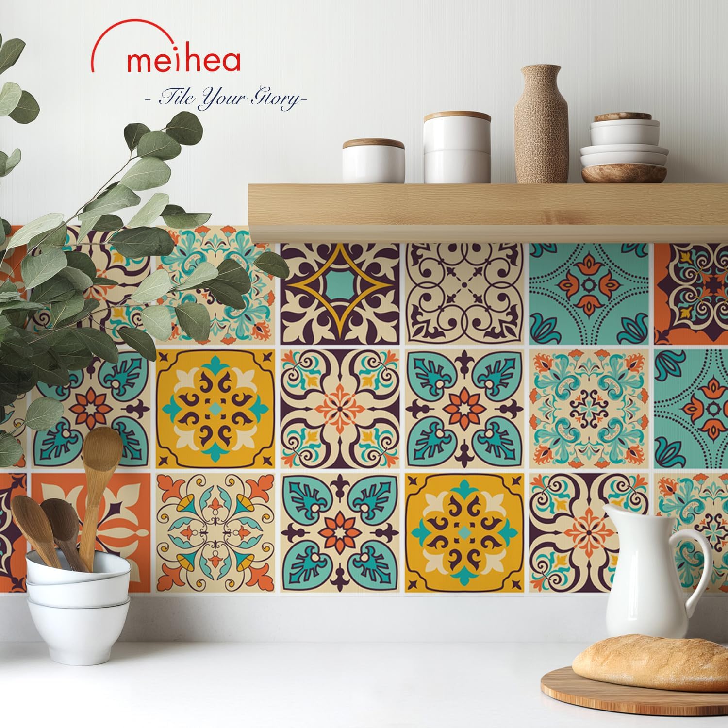 Vintage Moroccan Bohemian Tile Stickers 30 PC Pack - Self-Adhesive PVC Waterproof Wall Decals Kitchen Bathroom Backsplash Decor - 4x4 Inch