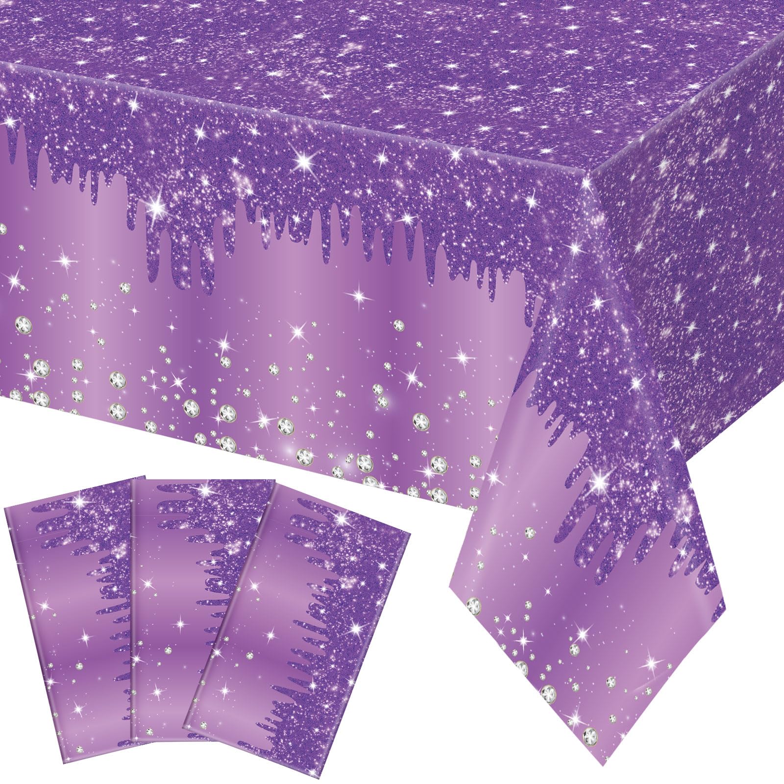 Ganeen 3 Pcs Purple Tablecloths Glitter Sparkling Disposable Plastic Table Cover Sequin Printed Rectangle Tablecloths for Girl Women Birthday Wedding Party Decor Supplies, 54 x 108 Inch