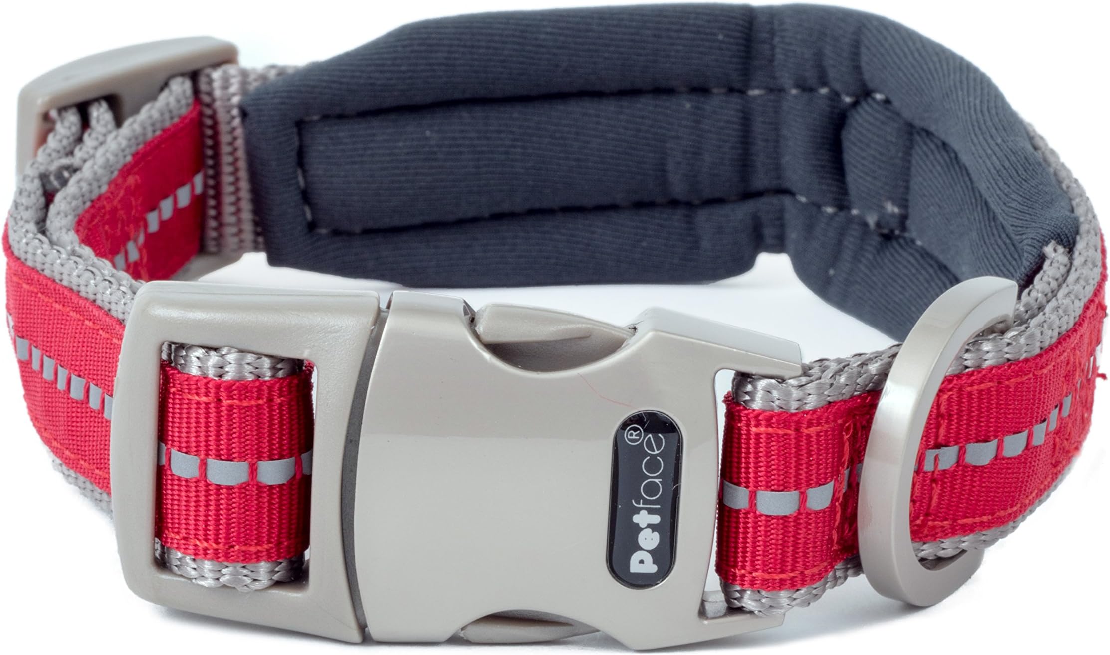 Petface Signature Padded Dog Collar, Medium, Red with grey stitching