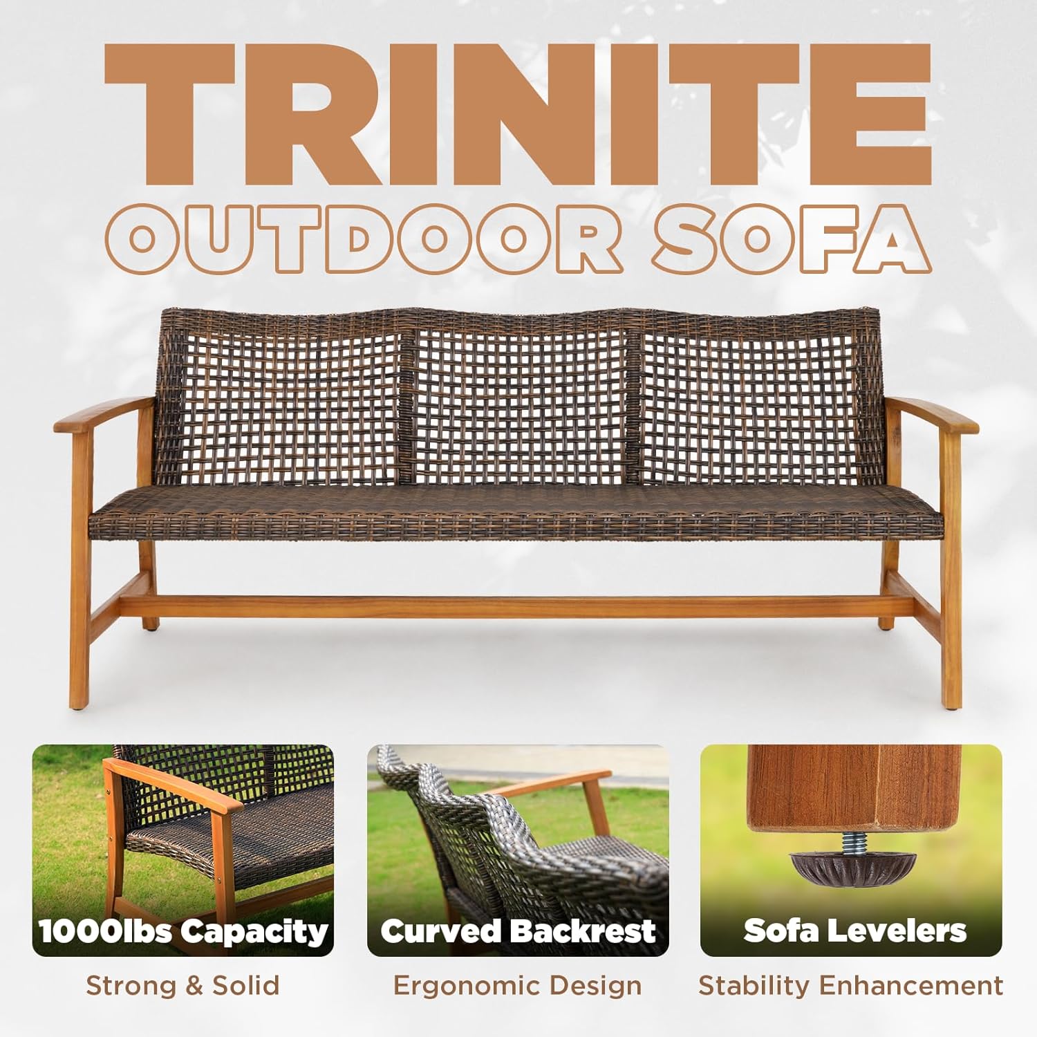 Idzo Trinite 1000lbs Capacity Acacia Outdoor Sofa, FSC Certified 3 Seater Patio Couch with Upgraded 2000Hours UV Resistant Wicker, Teak Finish Furniture Set