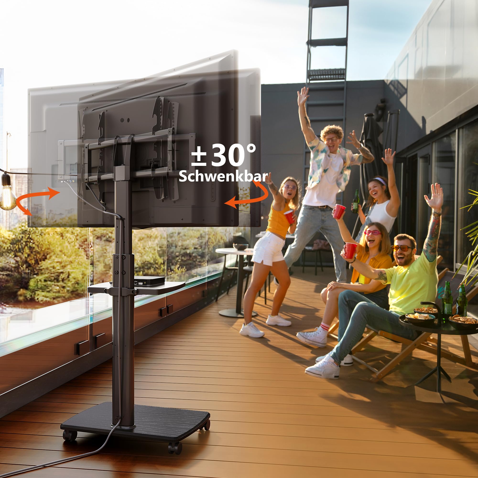 FITUEYES TV Ständer Rollbar, TV Standfuß mit 2 Ablagen für 32-70 Zoll Fernseher bis 40 kg, Höhenverstellbar & Schwenkbar, Max. VESA. 600 * 400 mm, Geeignet für Mietwohnungen Büros, Schwarz