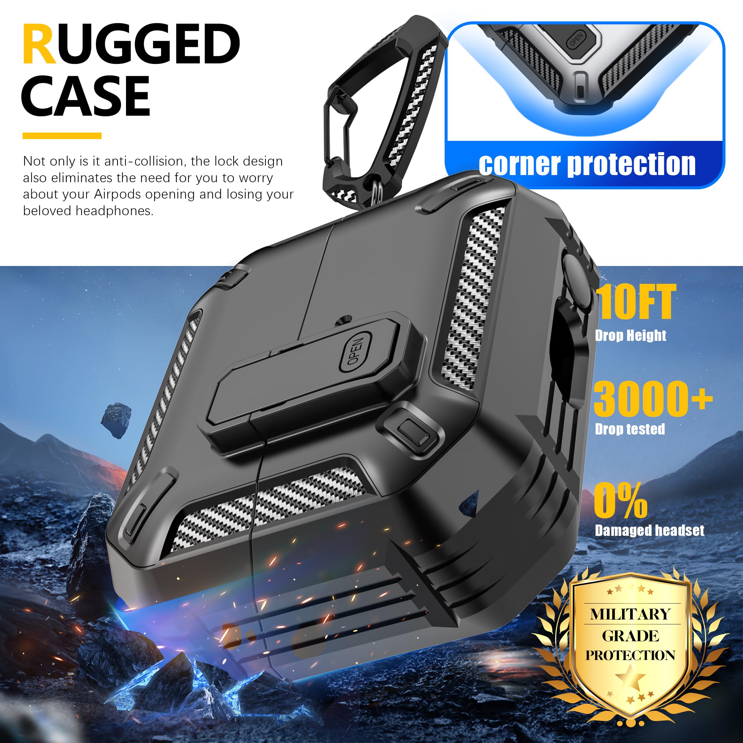 per Samsung Galaxy Buds3/Galaxy Buds3 Pro (2024) con chiusura di bloccaggio, custodia per cuffie anticaduta di livello militare con fibbia da trekking e kit di pulizia-Nero