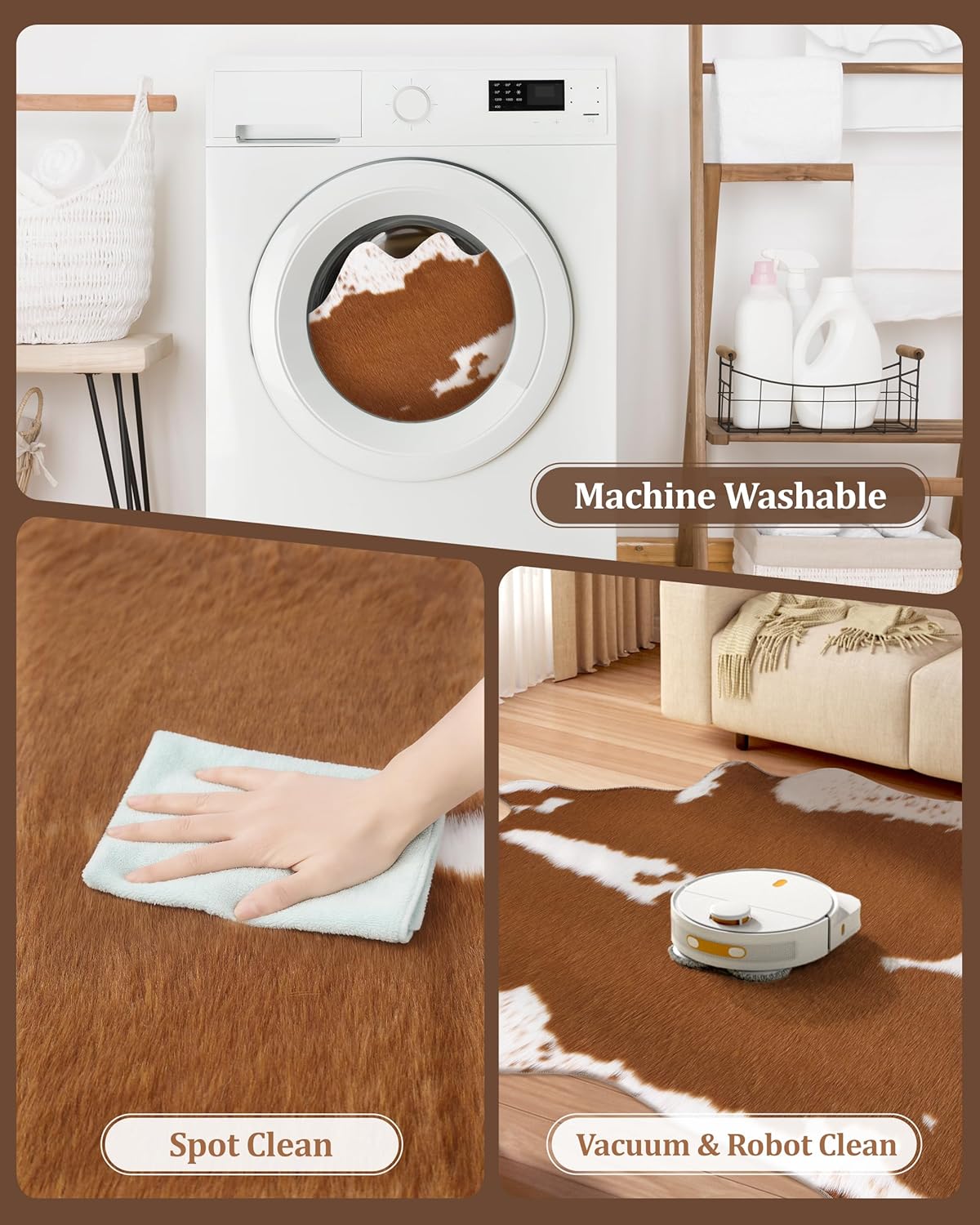 Faux Fur Cowhide Cow Rug: 4.6 x 5.2 Feet Premium Cow Print Animal Hide Area Carpet Large Rustic Western Decor for Living Room Bedroom Light Brown