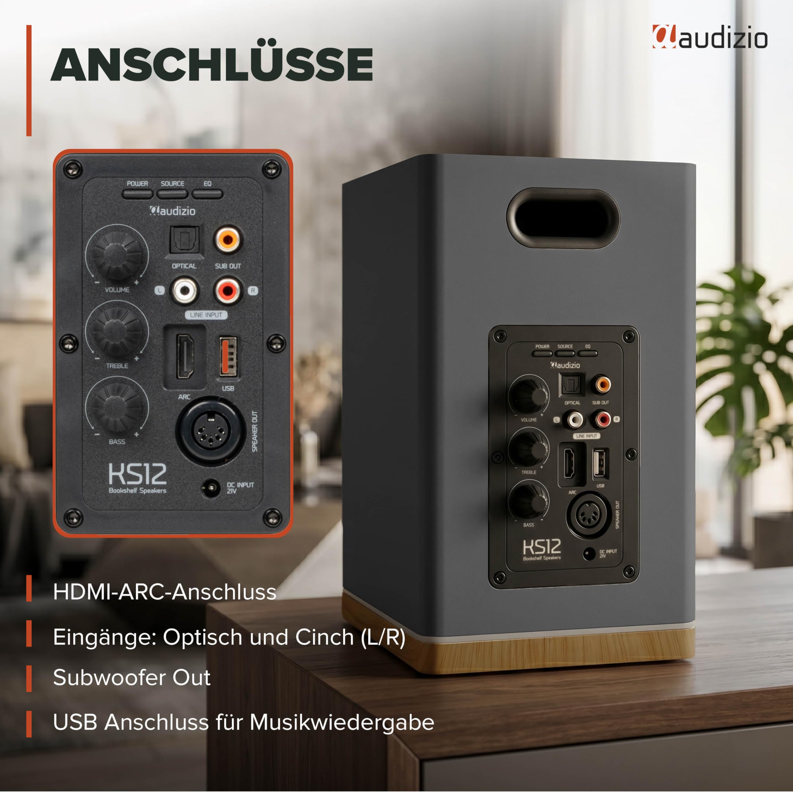 Audizio KS12 Aktiv Lautsprecher Boxen Set 80 Watt - HiFi Boxen mit Bluetooth 5.3, Ambiente-Licht, HiFi Lautsprecher mit Verstärker für TV & PC, Sub-Out, HDMI, Optisch, USB & Fernbedienung - Schwarz