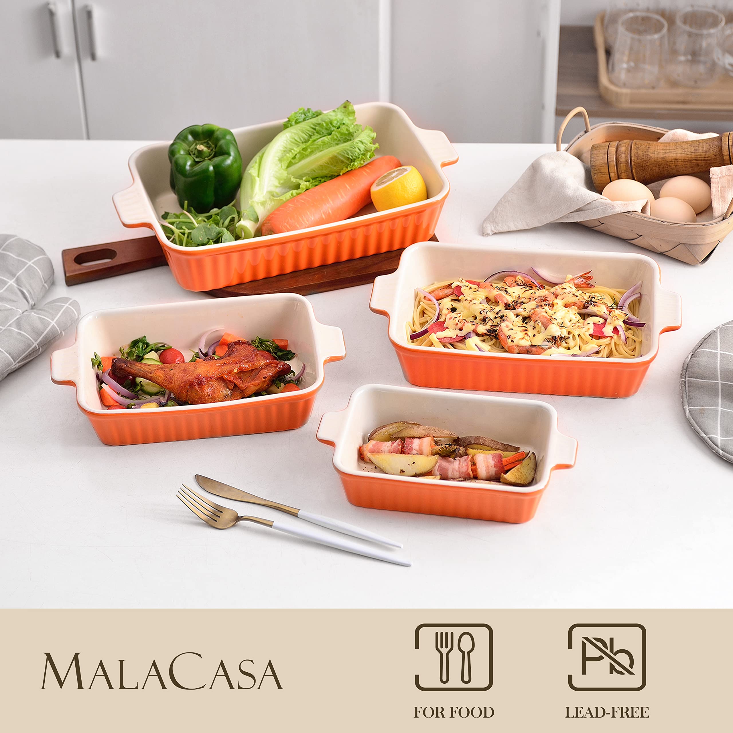 MALACASA Série BAKE, Lot de 4 Plats à Four en Céramique Blanc, 3020ml, 2080ml, 1480ml, 850ml, Plats à Gratin avec Poignées, Passe au Lave-vaisselle, Idéaux pour Cuisson et Gratin - Orange