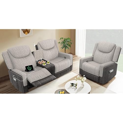 Dresegmt Manual Loveseat Recliner Sofa Set, 2 Seater Reclining Loveseat with Storage Console and Single Oversize Recliner Chair, 2+1 Pieces Luxury Living Room Furniture Set, Couches for RV (Grey)