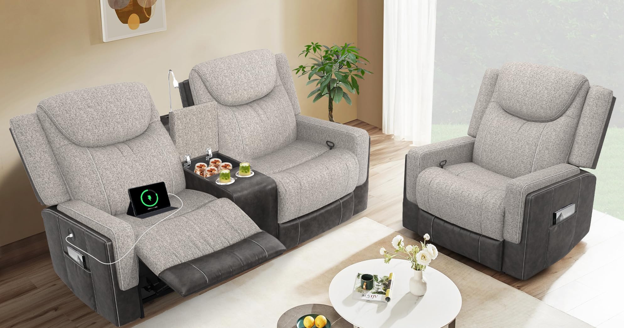 Dresegmt Manual Loveseat Recliner Sofa Set, 2 Seater Reclining Loveseat with Storage Console and Single Oversize Recliner Chair, 2+1 Pieces Luxury