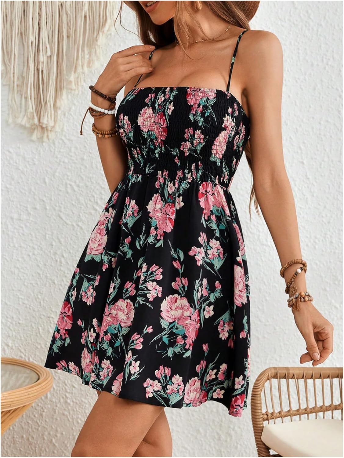 Floerns Women's Boho Floral Print Sleeveless Sundress Ruched Bust Flare Hem Vacation Cami Short Dress - Image 4