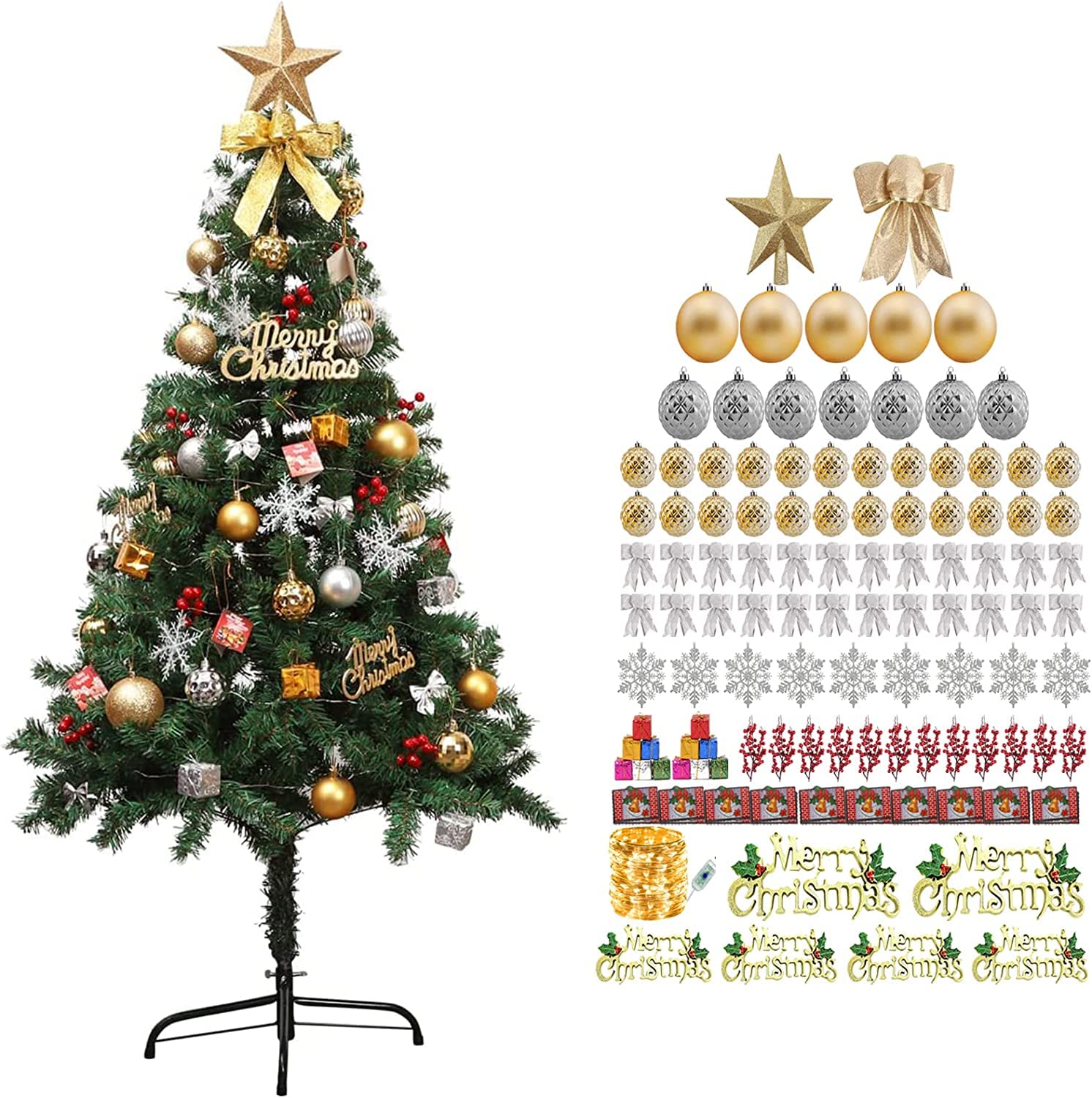 Seocsing 1.8M Premium Christmas Tree, 5.9FT Artificial Xmas Pine Tree Assorted Decorations, Christmas Tree Ornaments Set Indoor Outdoor Tree Decor Gifts for Home Party Festival Holiday