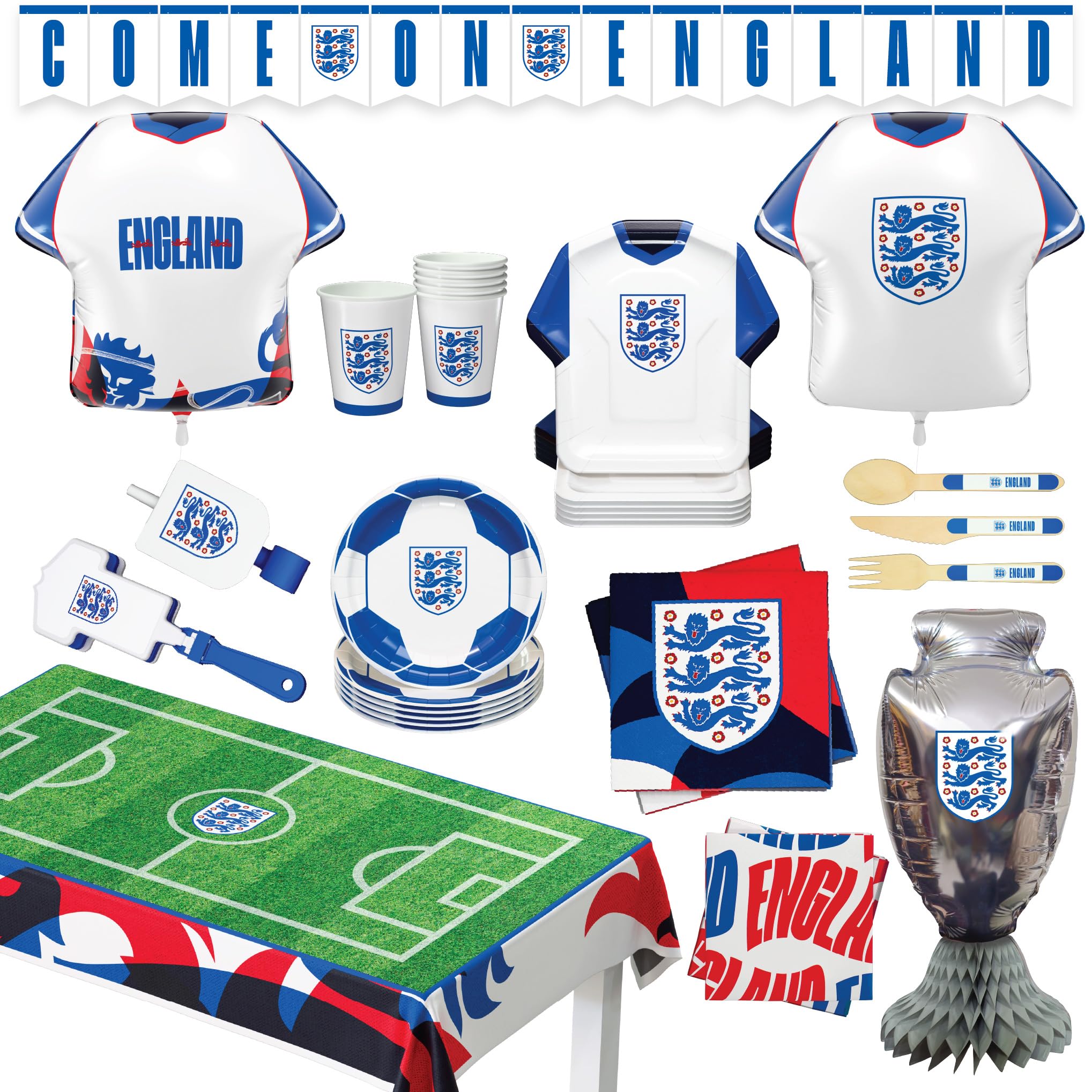 England National Football Team Official Licensed 77-Piece Party Supplies Set for 6 Guests, Plates, Cups, Napkins, Cutlery, Jersey Balloons, Decorations, Matchday Fan Celebration Kit