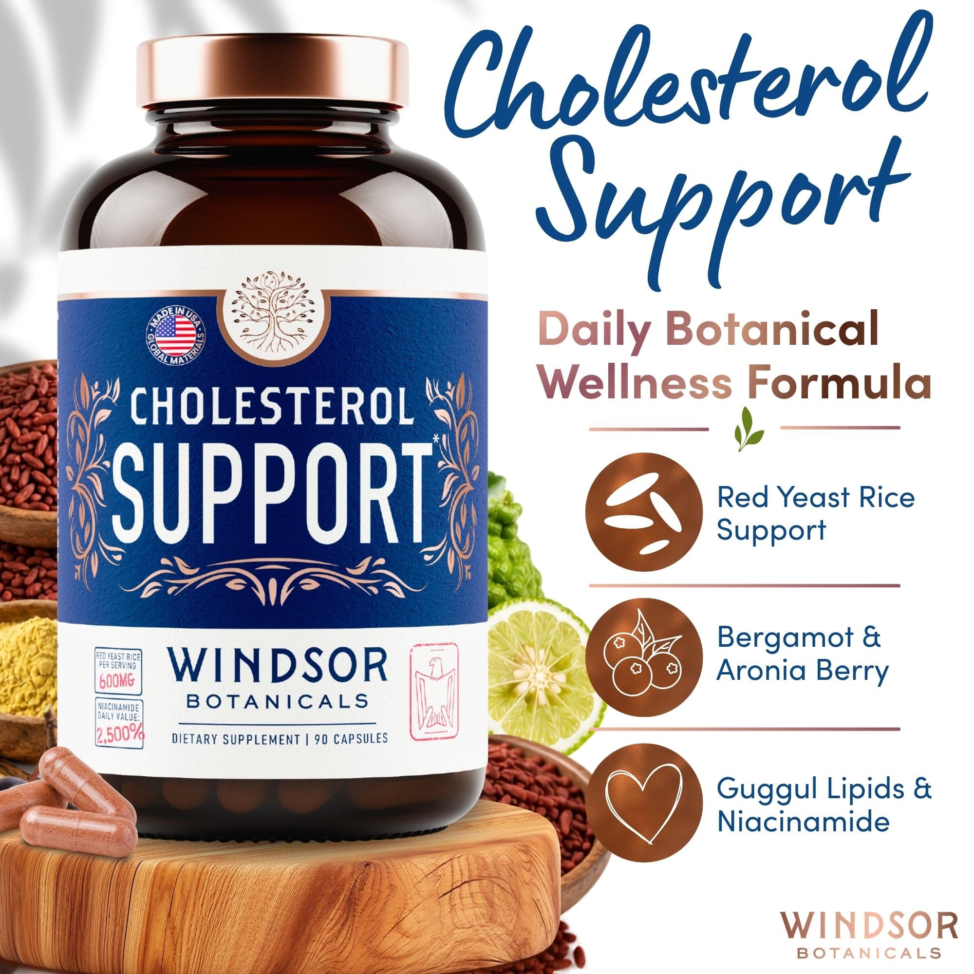 WINDSOR BOTANICALS Cholesterol Supplements - Citrus Bergamot, Niacin, Red Yeast Rice, Berberine, Aronia Berry Extract to Support Normal HDL and LDL Cholesterol Levels - 90 Vegan, Non-GMO Capsules — Amazon image 2
