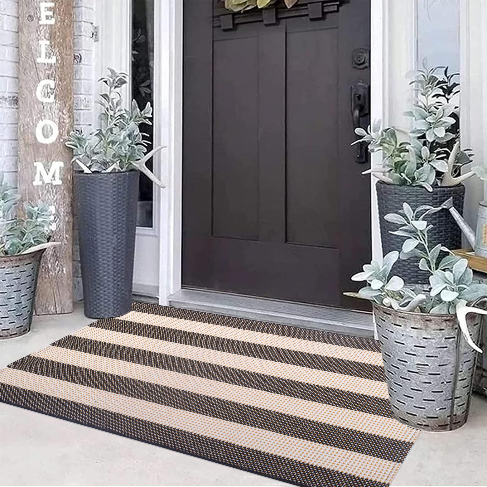 Alfombra de Exterior a Rayas Blancas y Negras de 61 x 130 cm, Tejida a Mano