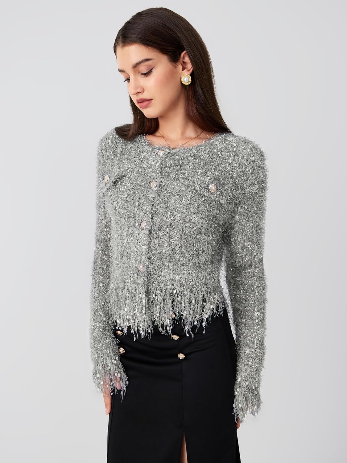CIDER Fuzzy Round Neck Button Metallic Knitted Long Sleeve Cardigan: Grey, S