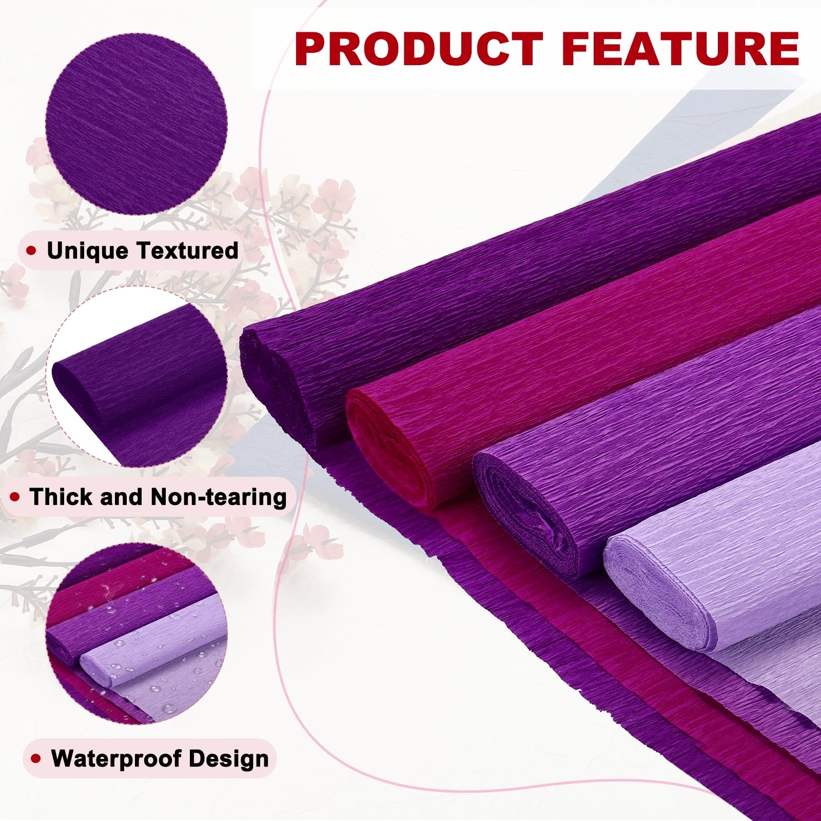 QUARKZMAN 8 Stück 4 Farben Krepppapier, 25cm x 2.5m Floristen Krepp Papier Bunt für Handwerke, Party, Schulpapier, Blumen DIY (Hellviolett, Dunkelviolett, Violett, Rosenrot)